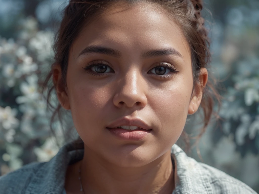 A realistic image of a curvy woman with a mix of Asian and Latina features. She has a confident and friendly expression, long dark hair, and warm, glowing skin. She’s dressed in casual but stylish attire, standing against a simple, natural background, like a park or a beach, with soft, natural lighting enhancing her features.”