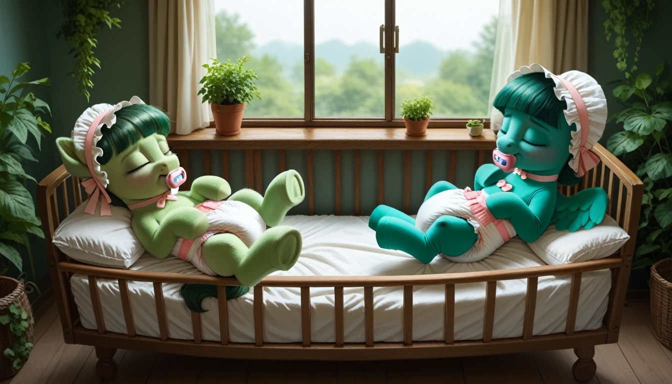 pony, Pegasus, adult filly, emerald green fur, a lush mane, gathered in a bonnet, bushy tail, closed eyes, sleeps in a crib, dressed in a bodysuit and booties, pacifier in mouth, solo, thick diaper under clothes, bulge on the back of the diaper, between the hind hooves and on the front of the diaper, saggy diaper.