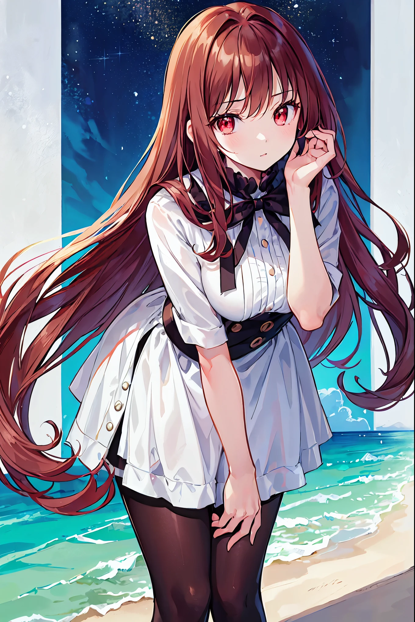Place your hands on your knees, Top View, (look up:1.2), Tilting Head, (Leaning forward:1.5), masterpiece、Highest quality、 A 25-year-old woman with long wavy brown bangs and red eyes..、break sea'Wearing a white off-the-shoulder blouse.., Embarrassing,break, smile, Open your mouth, Are standing、Background bed、wood、plant、The upper body is shown、alone、,Messy Hair,Slender beauty