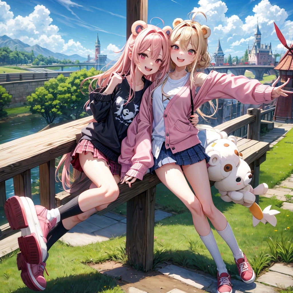Pink Blonde、Red eyes、Hair tied up、Two cute、Checked mini skirt、black t-shirts、cardigan、Knee-high socks、bear ears baseball cap、Teeth are visible、Monster Castle、Tilting face、crossing the bridge、hazakura、windmill、grass、Stones are growing out of the ground.、impregnable、A teddy bear is walking、Morning glory is blooming.