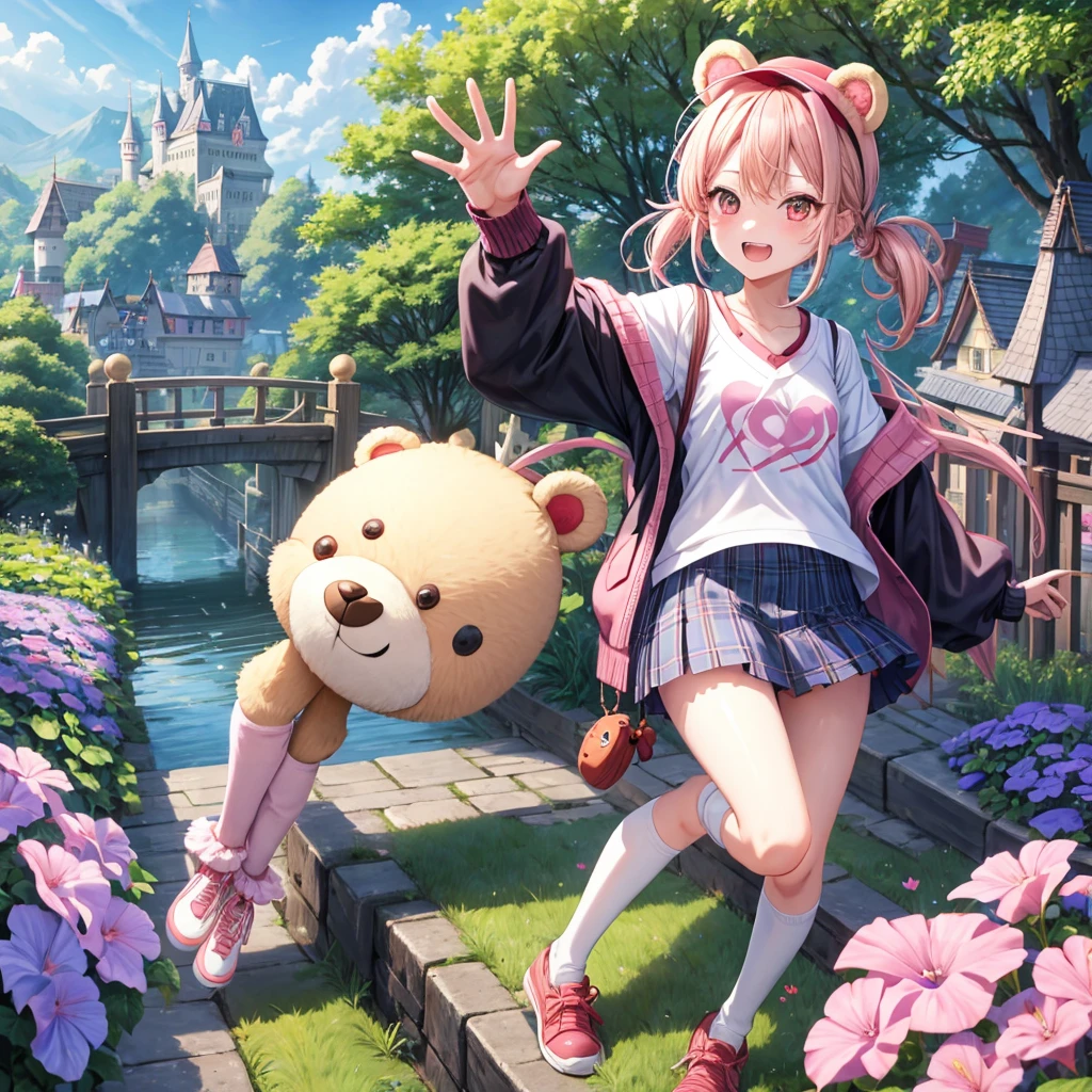 Pink Blonde、Red eyes、Hair tied up、Two cute、Checked mini skirt、black t-shirts、cardigan、Knee-high socks、bear ears baseball cap、Teeth are visible、Monster Castle、Tilting face、crossing the bridge、hazakura、windmill、grass、Stones are growing out of the ground.、impregnable、A teddy bear is walking、Morning glory is blooming.