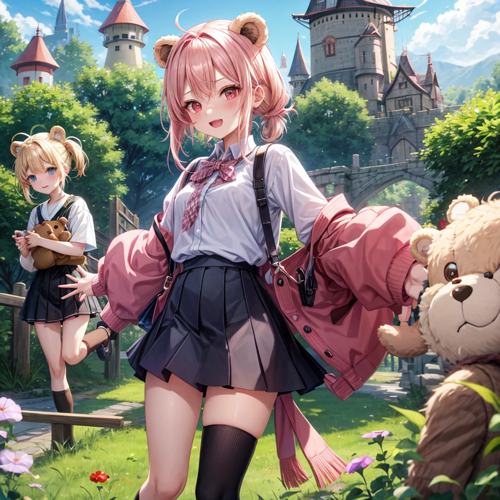 Pink Blonde、Red eyes、Hair tied up、Two cute、Checked mini skirt、black t-shirts、cardigan、Knee-high socks、bear ears baseball cap、Teeth are visible、Monster Castle、Tilting face、crossing the bridge、hazakura、windmill、grass、Stones are growing out of the ground.、impregnable、A teddy bear is walking、Morning glory is blooming.