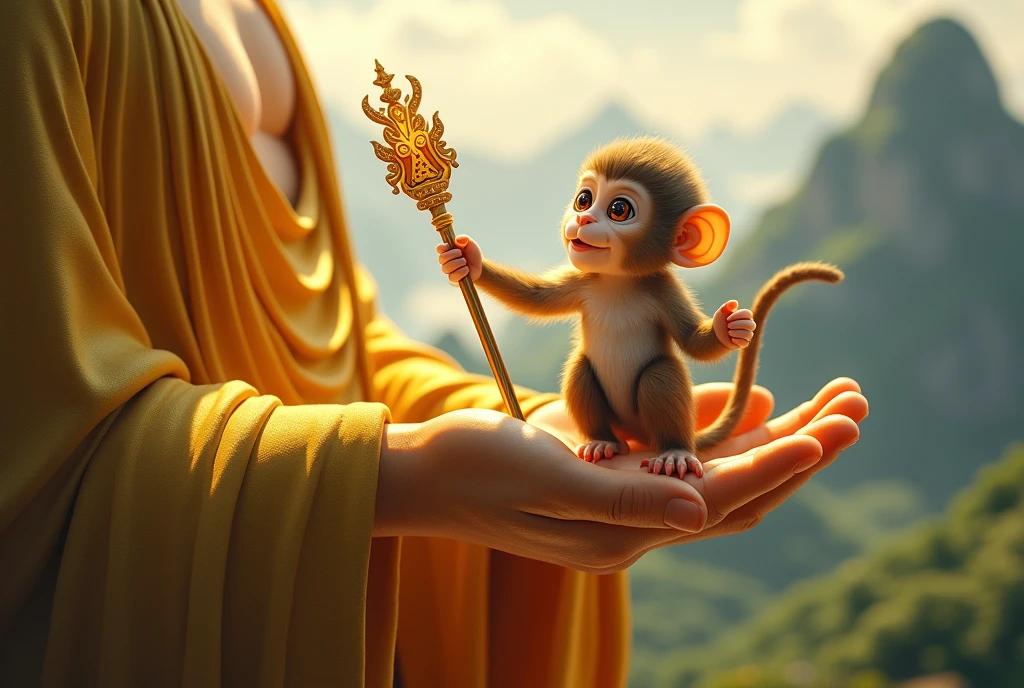 In the golden-lit palm of the Buddha sits a monkey holding a magic staff.,journey to the west,Highest quality,masterpiece,detailed,