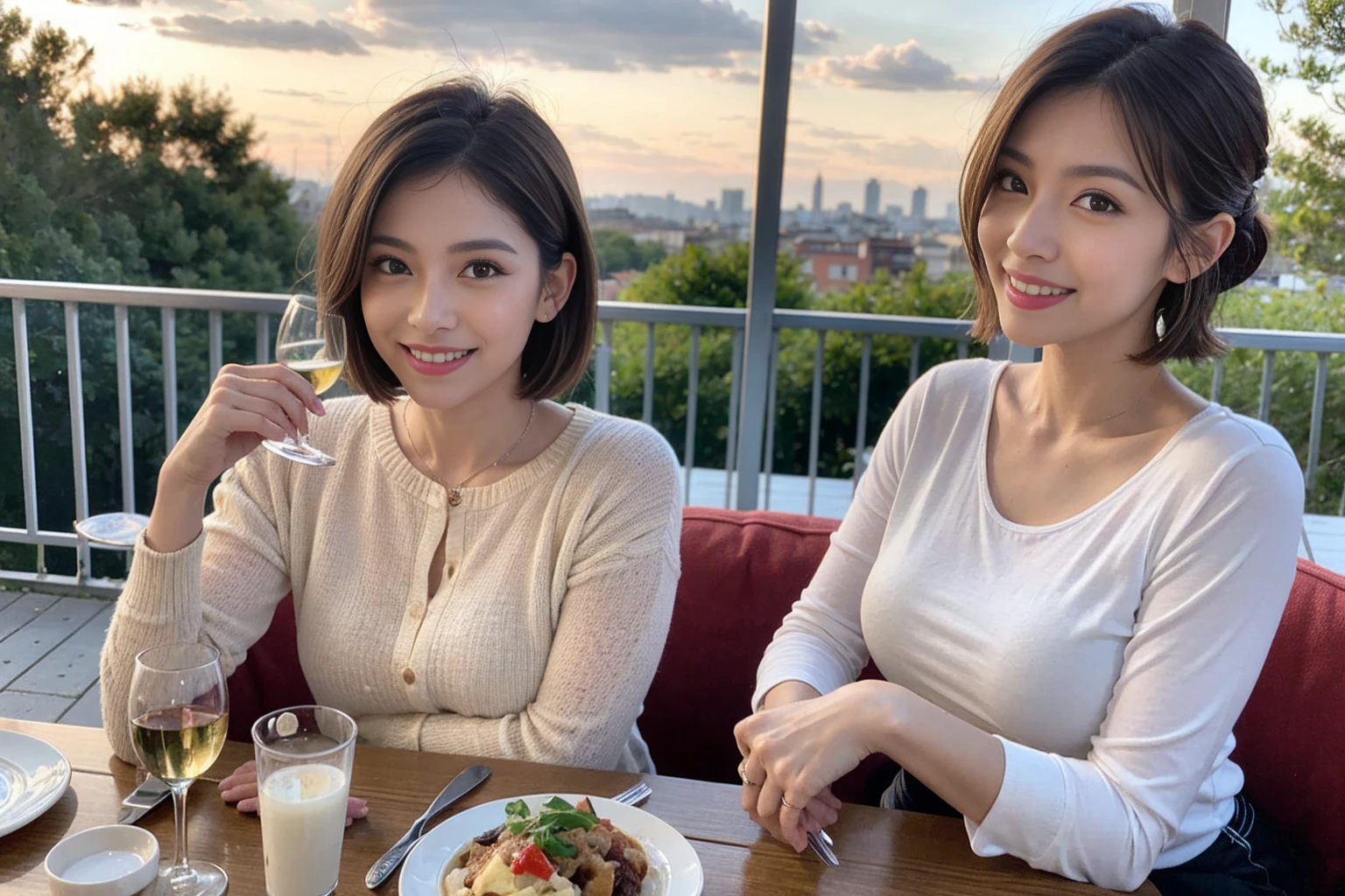 （Realistic:1.1）,(masterpiece,Highest quality)，8k,(49 years old), 53 years old, ベリーslimボディ、slimカップル、Tight waist,Upper Body,full-course dinner、wine 、Amazing view of the sunset sky and clouds、Perfect Anatomy, Brown Hair, short hair,Random Hairstyles,((Highly detailed face and eyes:1.2))，Perfect golden ratio face，Long sleeve shirt、dress,(smile:1.2)、Shortcuts、cute、(Realistic, Intricate details:1.2), A bright smile、short hair,Bright Face、赤wine 、Appetizers、Italian food、wine bottle、Champagne、スパークリングwine、(slimな顔), (The body is slim), (Brown Hair), (Shortcuts),  Upper Body, 白wine, slim, wineグラス, 