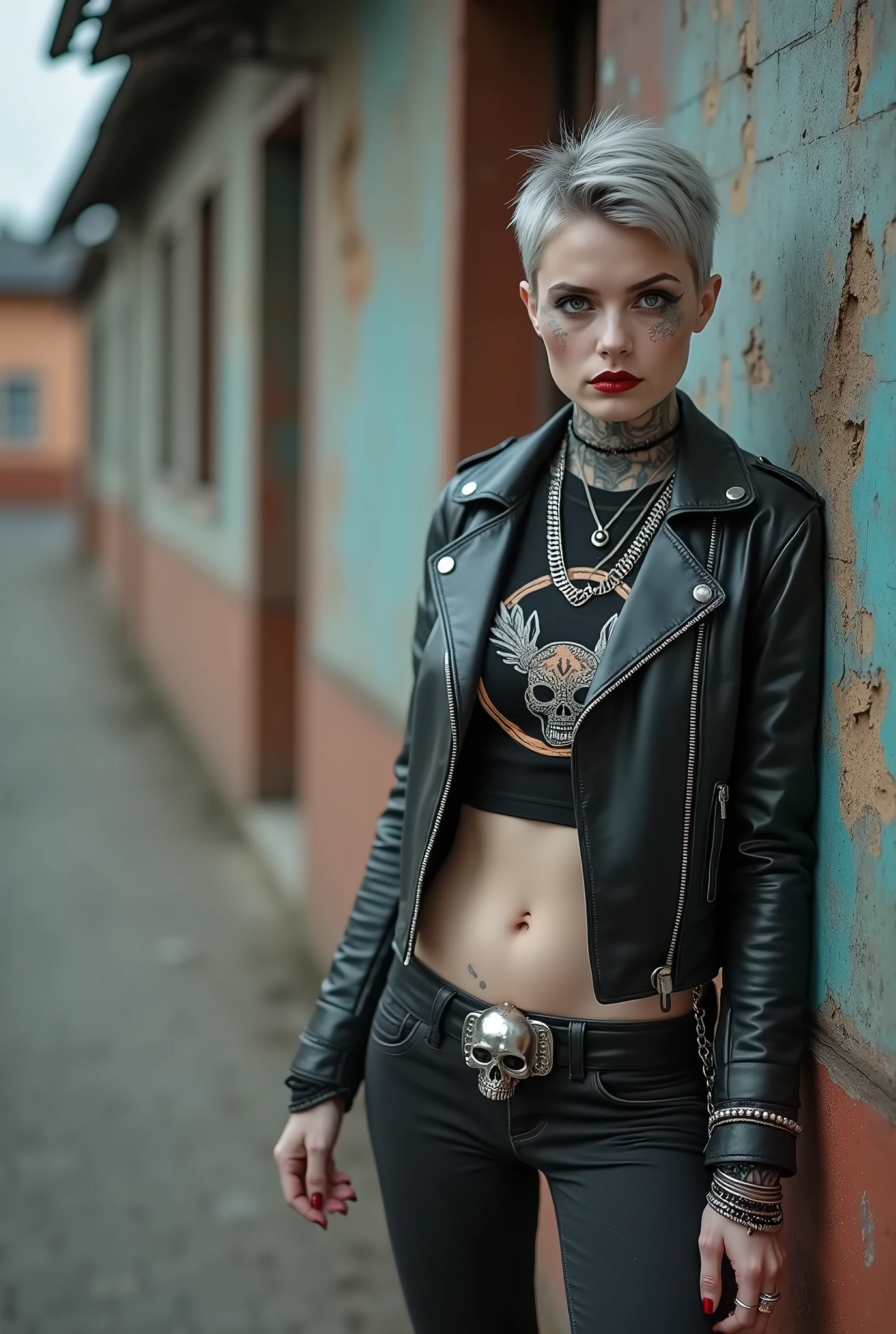 russian old milf woman, biker gang member, short grey hair (combed back with hair gel) with very light blue eyes, extremely pale, heavy eye shadows. Thin. Sad, humbled face, smeared excessive make up and smeared excessive dark red lipstick Wearing cropped black moto jacket, black cropped t-shirt with devil logo, skinny black jeans and white tennis sneakers. Lots of metallic bracelets. pentacle pendants. Tacky wide belt with massive skull and bones buckle . Tattoed. Piercing in belly button. Lots of rings and ethnic bracelets. Wide loop earrings. Looks at the camera in shame. Toned abs, long neck, thin arms and legs