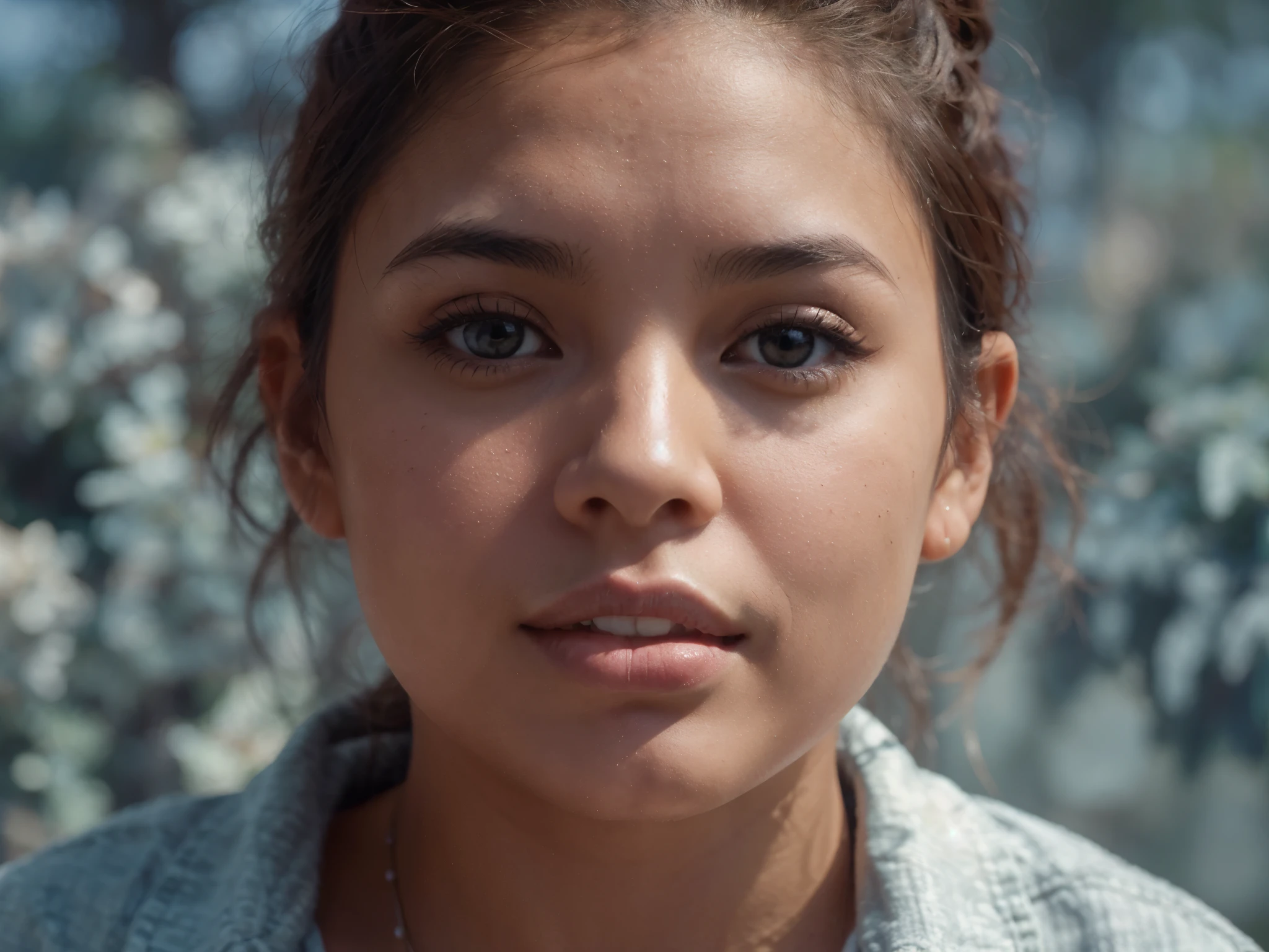 A realistic image of a curvy woman with a mix of Asian and Latina features. She has a confident and friendly expression, long dark hair, and warm, glowing skin. She’s dressed in casual but stylish attire, standing against a simple, natural background, like a park or a beach, with soft, natural lighting enhancing her features.”