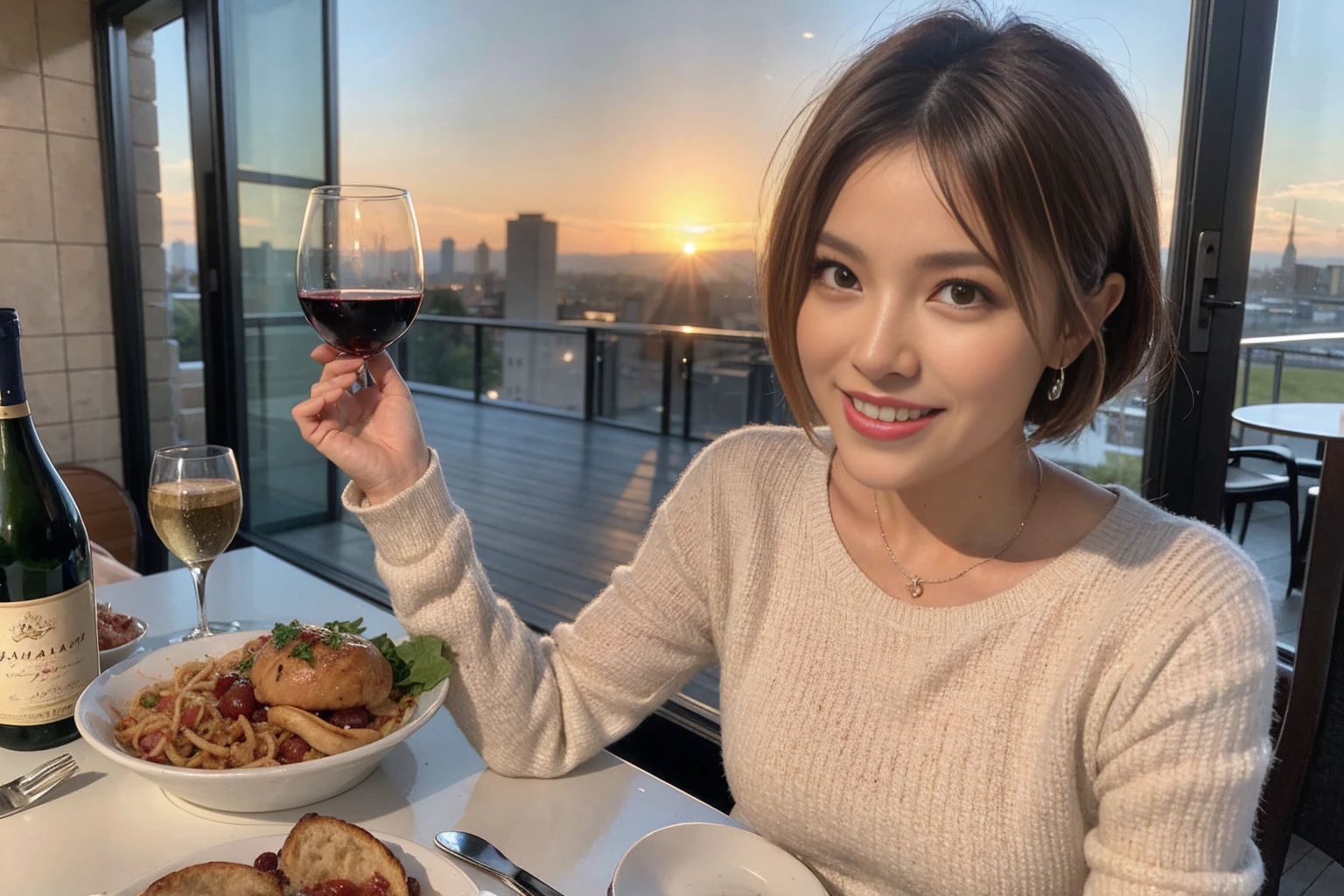 （Realistic:1.1）,(masterpiece,Highest quality)，8k,(49 years old), 53 years old, ベリーslimボディ、slimカップル、Tight waist,Upper Body,full-course dinner、wine 、Amazing view of the sunset sky and clouds、Perfect Anatomy, Brown Hair, short hair,Random Hairstyles,((Highly detailed face and eyes:1.2))，Perfect golden ratio face，Long sleeve shirt、dress,(smile:1.2)、Shortcuts、cute、(Realistic, Intricate details:1.2), A bright smile、short hair,Bright Face、赤wine 、Appetizers、Italian food、wine bottle、Champagne、スパークリングwine、(slimな顔), (The body is slim), (Brown Hair), (Shortcuts),  Upper Body, 白wine, slim, wineグラス, 