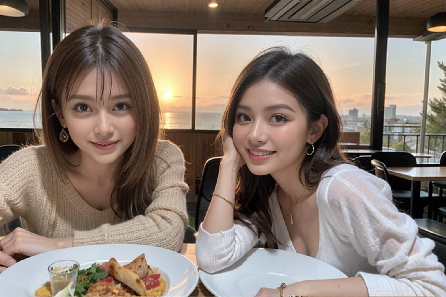 (Realistic:1.1),(masterpiece,Highest quality),8k,(49 years old), 53 years old, ベリーslimボディ、slimカップル、Tight waist,Upper Body,full-course dinner、wine 、Amazing view of the sunset sky and clouds、Perfect Anatomy, Brown Hair, short hair,Random Hairstyles,((Highly detailed face and eyes:1.2)),Perfect golden ratio face,Long sleeve shirt、dress,(smile:1.2)、Shortcuts、cute、(Realistic, Intricate details:1.2), A bright smile、short hair,Bright Face、赤wine 、Appetizers、Italian food、wine bottle、Champagne、スパークリングwine、(slimな顔), (The body is slim), (Brown Hair), (Shortcuts), Upper Body, 白wine, slim, wineグラス,