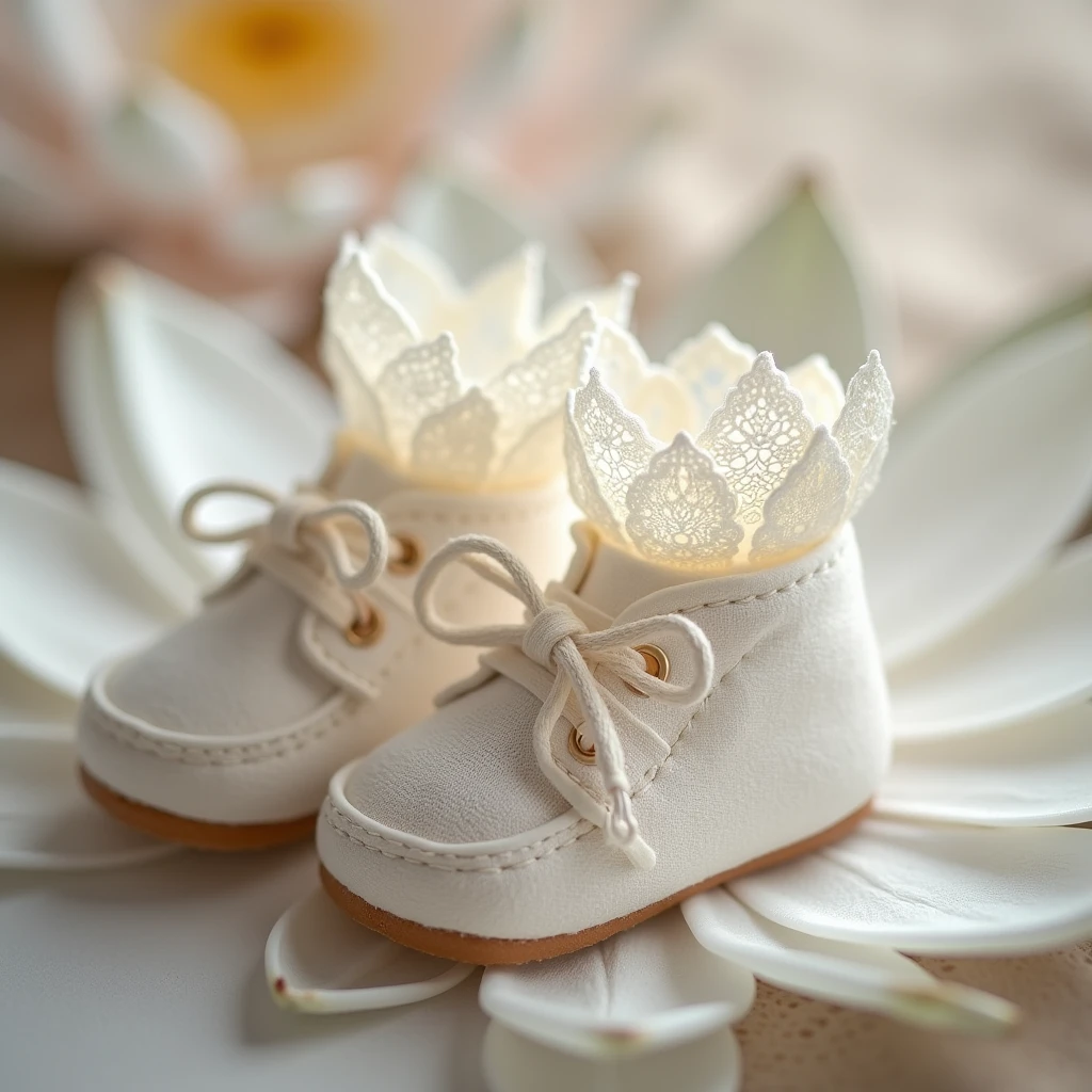 Booties, on the lotus background, for newborns white, very lacy , air beautiful lace, transparent ears,Shuttlecocks,, Permission, photo realistic, 8k, depth of field,