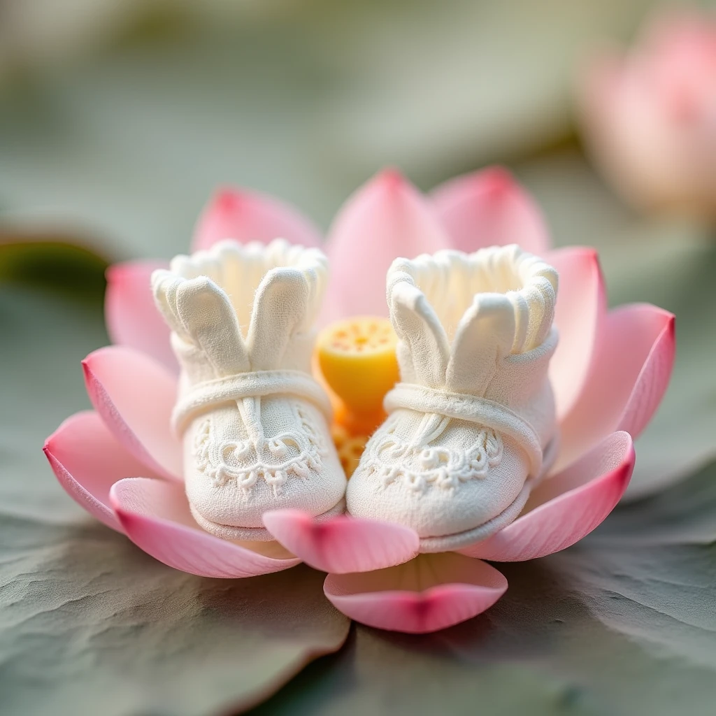 Booties, on the lotus background, for s white, very lacy , air beautiful lace, transparent ears,Shuttlecocks,, Permission, photo realistic, 8k, depth of field,