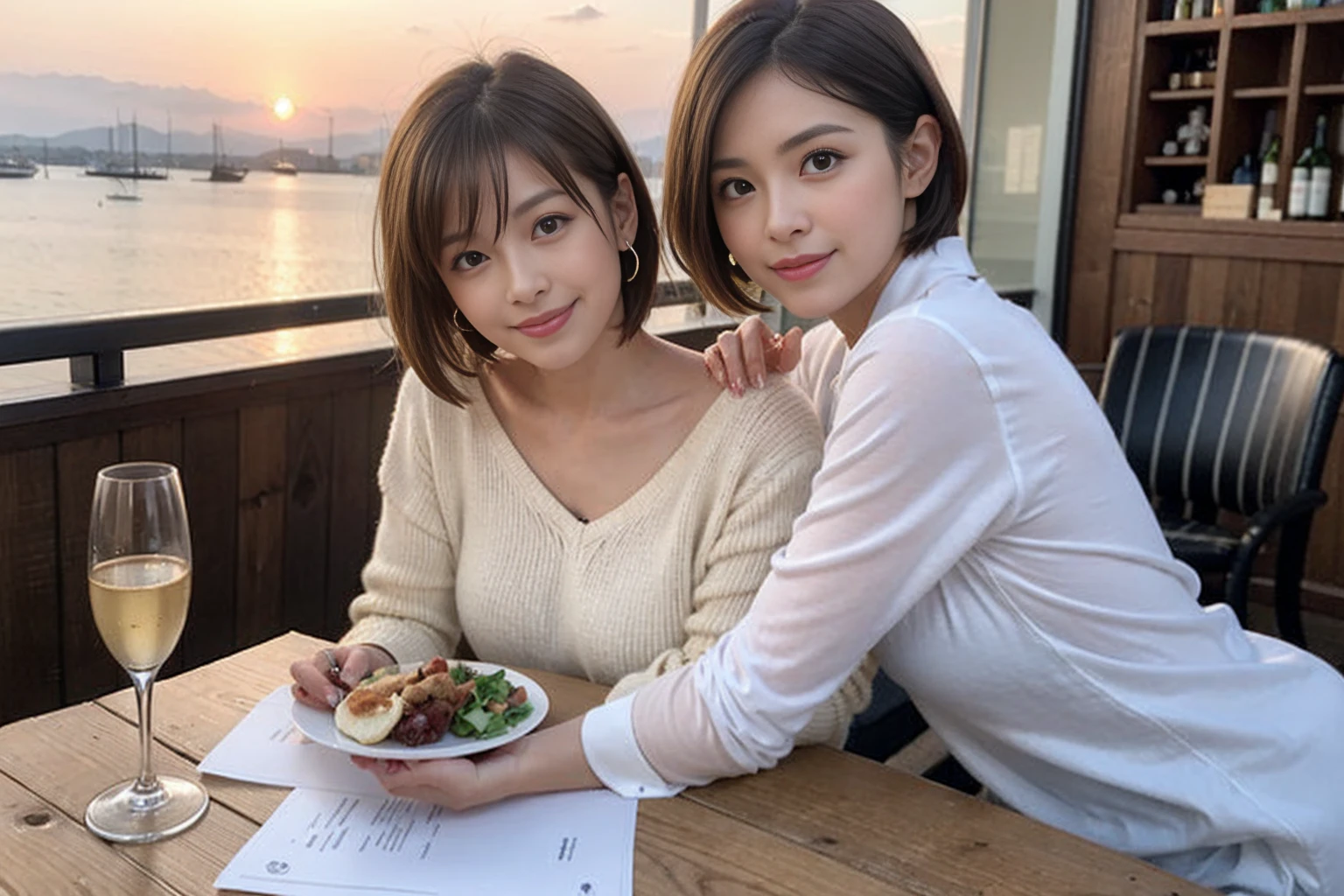 (Realistic:1.1),(masterpiece,Highest quality),8k,(49 years old), 53 years old, ベリーslimボディ、slimカップル、Tight waist,Upper Body,full-course dinner、wine 、Amazing view of the sunset sky and clouds、Perfect Anatomy, Brown Hair, short hair,Random Hairstyles,((Highly detailed face and eyes:1.2)),Perfect golden ratio face,Long sleeve shirt、dress,(smile:1.hortcuts、cute、(Realistic, Intricate details:1.2), A bright smile、short hair,Bright Face、赤wine 、Appetizers、Italian food、wine bottle、Champagne、スパークリングwine、(slimな顔), (The body is slim), (Brown Hair), (Shortcuts), Upper Body, 白wine, slim, wineグラス,