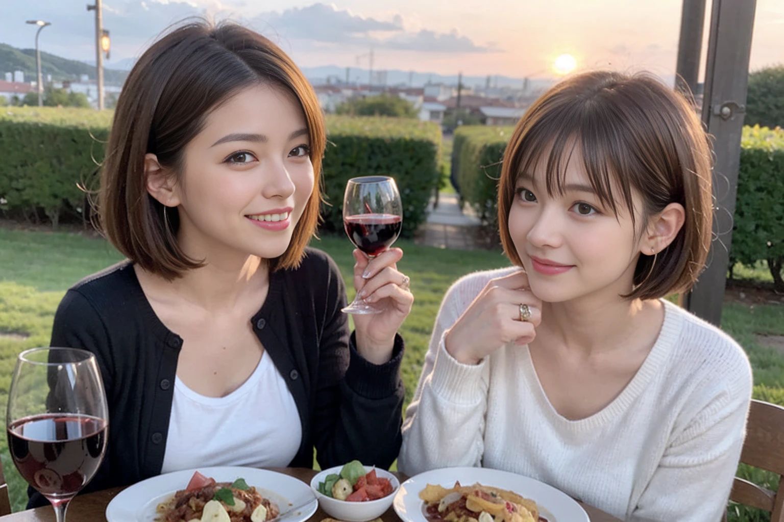 （Realistic:1.1）,(masterpiece,Highest quality)，8k,(49 years old), 53 years old, ベリーslimボディ、slimカップル、Tight waist,Upper Body,full-course dinner、wine 、Amazing view of the sunset sky and clouds、Perfect Anatomy, Brown Hair, short hair,Random Hairstyles,((Highly detailed face and eyes:1.2))，Perfect golden ratio face，Long sleeve shirt、dress,(smile:1.2)、Shortcuts、cute、(Realistic, Intricate details:1.2), A bright smile、short hair,Bright Face、赤wine 、Appetizers、Italian food、wine bottle、Champagne、スパークリングwine、(slimな顔), (The body is slim), (Brown Hair), (Shortcuts),  Upper Body, 白wine, slim, wineグラス, 