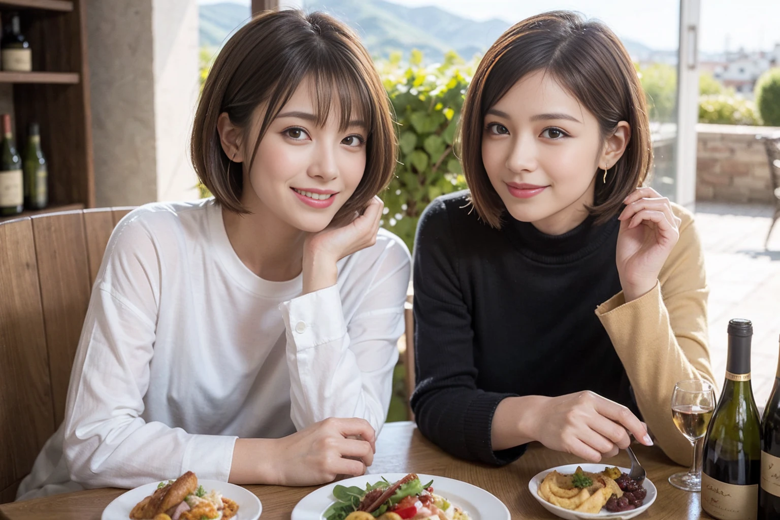 (Realistic:1.1),(masterpiece,Highest quality),8k,(49 years old), 53 years old, ベリーslimボディ、slimカップル、Tight waist,Upper Body,full-course dinner、wine 、Amazing view of the sunset sky and clouds、Perfect Anatomy, Brown Hair, short hair,Random Hairstyles,((Highly detailed face and eyes:1.2)),Perfect golden ratio face,Long sleeve shirt、dress,(smile:1.2)、Shortcuts、cute、(Realistic, Intricate details:1.2), A bright smile、short hair,Bright Face、赤wine 、Appetizers、Italian food、wine bottle、Champagne、スパークリングwine、(slimな顔), (The body is slim), (Brown Hair), (Shortcuts), Upper Body, 白wine, slim, wineグラス,