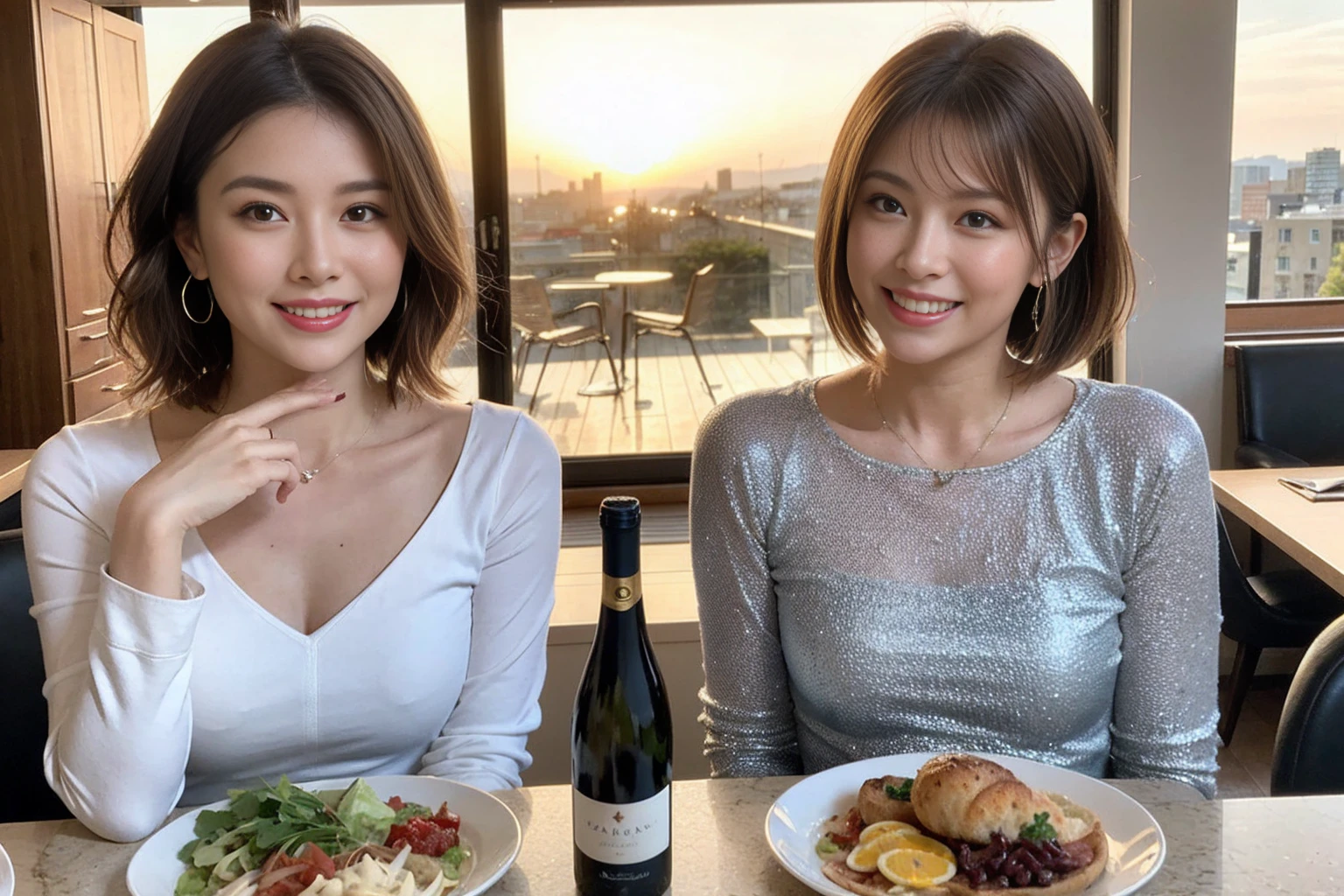 （Realistic:1.1）,(masterpiece,Highest quality)，8k,(49 years old), 53 years old, ベリーslimボディ、slimカップル、Tight waist,Upper Body,full-course dinner、wine 、Amazing view of the sunset sky and clouds、Perfect Anatomy, Brown Hair, short hair,Random Hairstyles,((Highly detailed face and eyes:1.2))，Perfect golden ratio face，Long sleeve shirt、dress,(smile:1.2)、Shortcuts、cute、(Realistic, Intricate details:1.2), A bright smile、short hair,Bright Face、赤wine 、Appetizers、Italian food、wine bottle、Champagne、スパークリングwine、(slimな顔), (The body is slim), (Brown Hair), (Shortcuts),  Upper Body, 白wine, slim, wineグラス, 