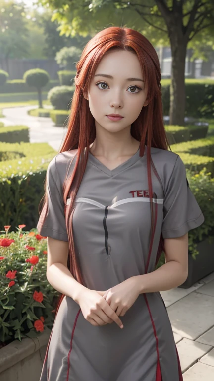 masterpiece, best quality, (realistic, photo-realistic:1.4), (RAW photo:1.2), extremely detailed CG unity 8k wallpaper, delicate and beautiful, amazing, finely detail, official art, absurdres, incredibly absurdres, huge filesize, ultra-detailed, extremely detailed, extremely detailed girl, extremely detailed eyes and face, light on face,little smile,Tiese_Shtolienen,(red hair:1.3),long hair,(grey t-shirt:1.5),garden,close up,( girl:1.7)