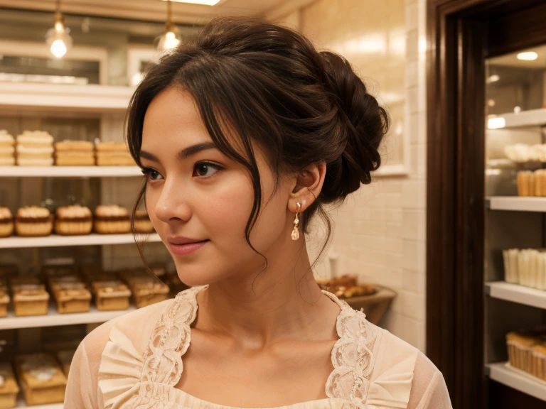 best quality, full body portrait, delicate face, pretty face,slim figure,OL, instagram photo, 40 year old, breathtakingly korean woman, eyes sparkling with joy, she stands at a vintage bakery shop, side dutch pose, ((turn towards right side)), (masterpiece), (1 woman), preppy model, feminine, (cute face), (incredibly beautiful body), top-quality, masterpiece, high resolution, Photorealistic, highly detailed, true to life, detailed eyes, detailed beautiful skin at ears, (no earrings), life-like detailed beautiful brown eyes, ((styled loose Updo hair, long black brown relaxed hair)), (((hair tucked behind ears))), extremely detailed skin, slight skin blemish, moist nude lips, (exceptional delicate perfect ears), hyper realistic, big dark brown eyes, sincere, confident, mesmerizing eyes,(double eyelid), (realistic face), ((fresh dewy healthy skin texture)),nice teeth, (moist lips)), light natural makeup, translucent white skin, realistic eyes, round iris black pupils, sparkly eyes, beautiful ear skin texture, (realistic skin), attractive, ultra high resolution, extremely realistic, wearing a feminine romantic cottage apron white dress long sleeves, intricate detailed blend of linen cotton fabric and lace detailed stitching delicate frill dress embroidered on the chest, a thin velvet ribbon neck princess bow, pleated at waist mid-length a-line skirt, beige brown colors fashionable feminine waitress by Max Mara Ready-to-Wear dress, very detailed, golden ratio, graceful, (no jewelry), bare nude skin at neck, (nude ears), sharp focus face side body,effortlessly,serene eyes, natural morning daylight, Realistic,sharp focus,(intricate:1.03), Hyper Real, a wider interior, background: a french cake shop, detailed french fruit pastries, sweet strawberry raspberry cakes,display rack bread, Victorian door,extremely delicate and beautiful, Raw photography, mood is a crisp morning, serene nostalgic bakery interior design, depth of field, ((((8k wallpaper))),16k,