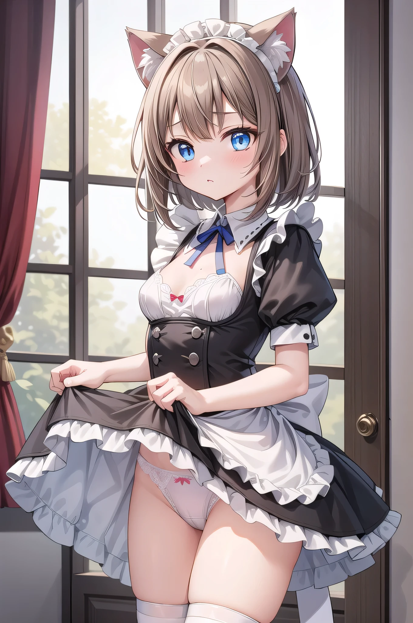 Solo Girl, 20-year-old,Medium Hair, Light brown hair, Mid-chest, highest quality, High resolution, Very detailed, Detailed Background, Perfect lighting、Extreme maid outfit、very cute, Blue eyes, a pair of cat ears, Blush, white silk socks, Lift up the skirt with your hands, Pink underwear, lace, Disgusting gaze