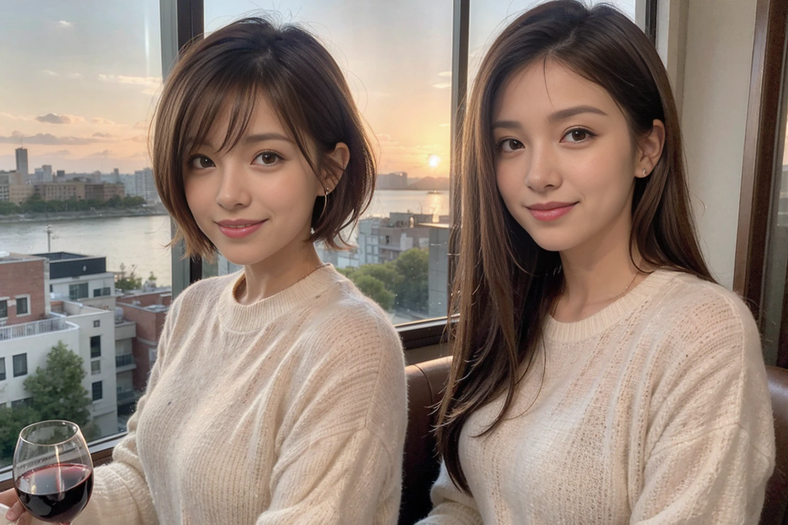 （Realistic:1.1）,(masterpiece,Highest quality)，8k,(49 years old), 53 years old, ベリーslimボディ、slimカップル、Tight waist,Upper Body,full-course dinner、wine 、Amazing view of the sunset sky and clouds、Perfect Anatomy, Brown Hair, short hair,Random Hairstyles,((Highly detailed face and eyes:1.2))，Perfect golden ratio face，Long sleeve shirt、dress,(smile:1.2)、Shortcuts、cute、(Realistic, Intricate details:1.2), A bright smile、short hair,Bright Face、赤wine 、Appetizers、Italian food、wine bottle、Champagne、スパークリングwine、(slimな顔), (The body is slim), (Brown Hair), (Shortcuts),  Upper Body, 白wine, slim, wineグラス, 