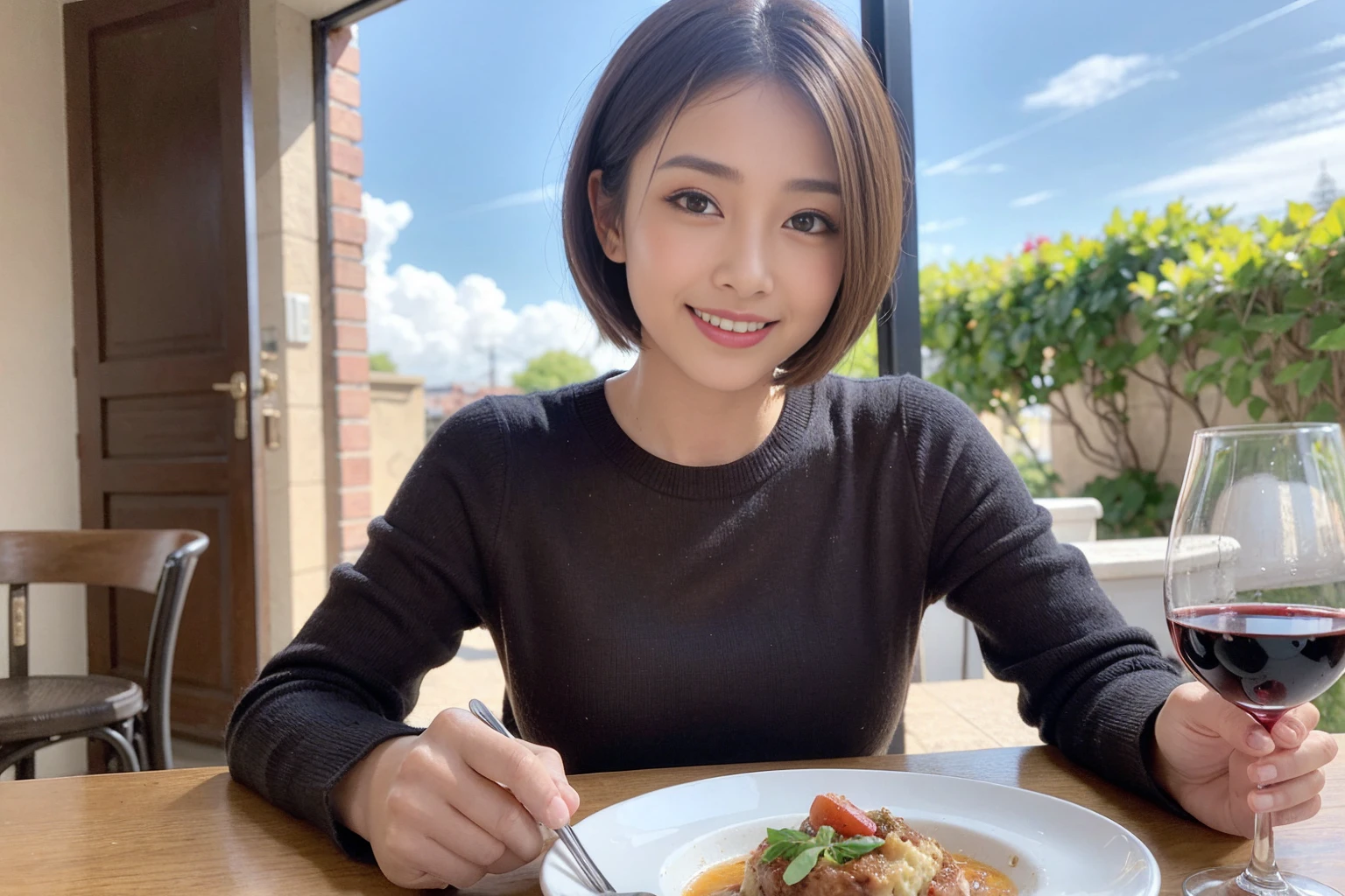 (Realistic:1.1),(masterpiece,Highest quality),8k,(49 years old), 53 years old, ベリーslimボディ、slimカップル、Tight waist,Upper Body,full-course dinner、wine 、Amazing view of the sunset sky and clouds、Perfect Anatomy, Brown Hair, short hair,Random Hairstyles,((Highly detailed face and eyes:1.2)),Perfect golden ratio face,Long sleeve shirt、dress,(smile:1.2)、Shortcuts、cute、(Realistic, Intricate details:1.2), A bright smile、short hair,Bright Face、赤wine 、Appetizers、Italian food、wine bottle、Champagne、スパークリングwine、(slimな顔), (The body is slim), (Brown Hair), (Shortcuts), Upper Body, 白wine, slim, wineグラス,