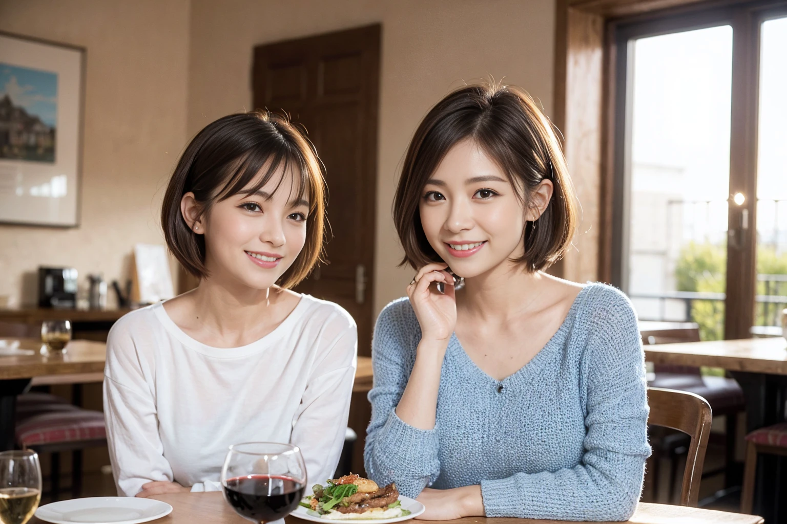 (Realistic:1.1),(masterpiece,Highest quality),8k,(49 years old), 53 years old, ベリーslimボディ、slimカップル、Tight waist,Upper Body,full-course dinner、wine 、Amazing view of the sunset sky and clouds、Perfect Anatomy, Brown Hair, short hair,Random Hairstyles,((Highly detailed face and eyes:1.2)),Perfect golden ratio face,Long sleeve shirt、dress,(smile:1.2)、Shortcuts、cute、(Realistic, Intricate details:1.2), A bright smile、short hair,Bright Face、赤wine 、Appetizers、Italian food、wine bottle、Champagne、スパークリングwine、(slimな顔), (The body is slim), (Brown Hair), (Shortcuts), Upper Body, 白wine, slim, wineグラス,