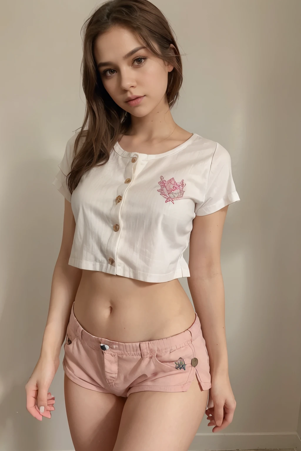 Cute girl, prison angel, short brown hair, brown eyes, pink eyeshadow, eyeliner, long eyelashes, rosy cheeks, big lips, exposed belly, shorts, prison clothes, head up, sexy features, slim waist, wearing simple clothes that fit the prison environment, such as a white dress or a uniform made of dull colors, it can be decorated with some small details such as small buttons or simple embroidery. She could have delicate wings shaped like intangible fantasy, enhancing the angelic character
