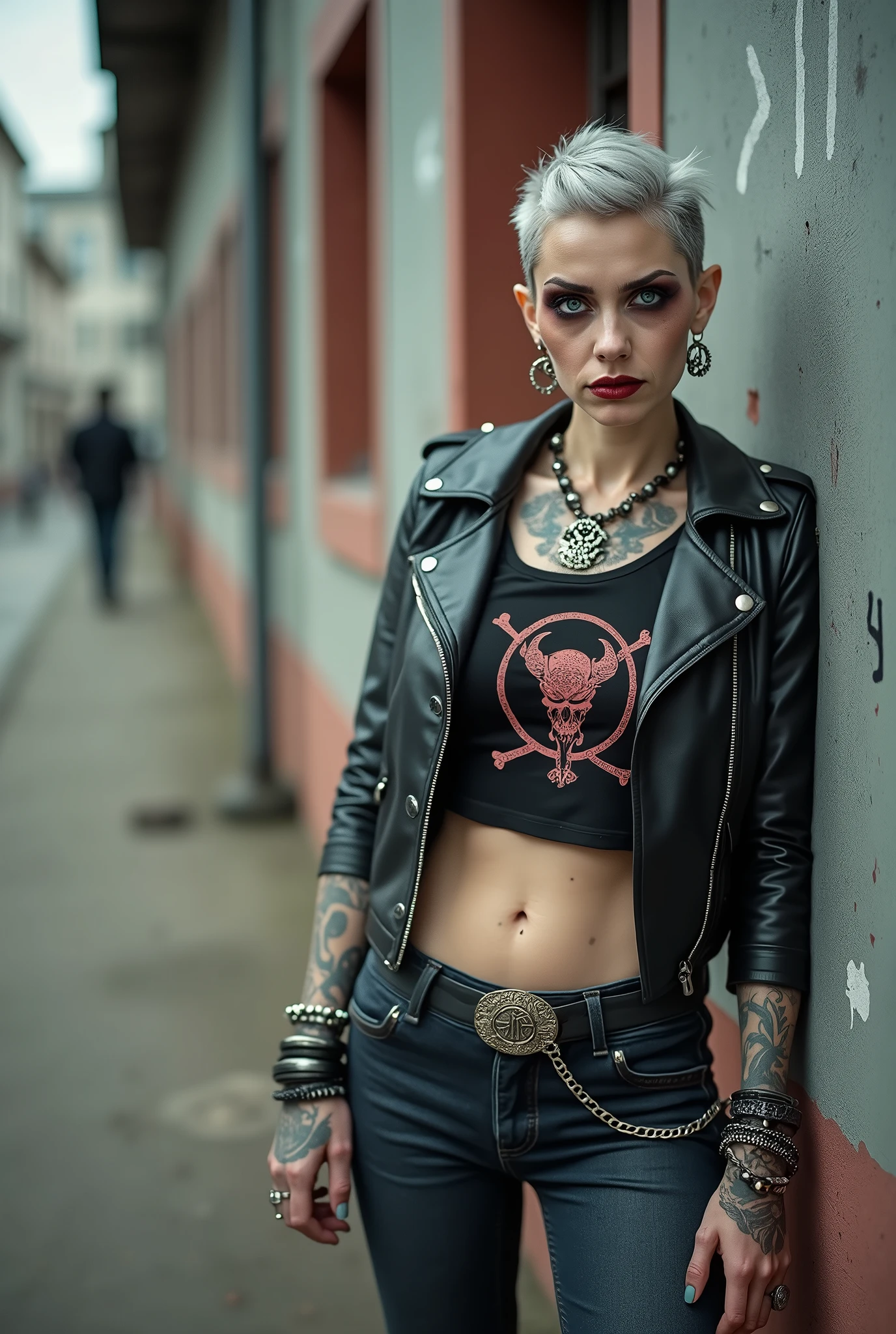 russian old milf woman, biker gang member, short grey hair (combed back with hair gel) with very light blue eyes, extremely pale, heavy eye shadows. Thin. Sad, humbled face, smeared excessive make up and smeared excessive dark red lipstick Wearing cropped black moto jacket, black cropped t-shirt with devil logo, skinny black jeans and white tennis sneakers. Lots of metallic bracelets. pentacle pendants. Tacky wide belt with massive skull and bones buckle . Tattoed. Piercing in belly button. Lots of rings and ethnic bracelets. Wide loop earrings. Looks at the camera in shame. Toned abs, long neck, thin arms and legs