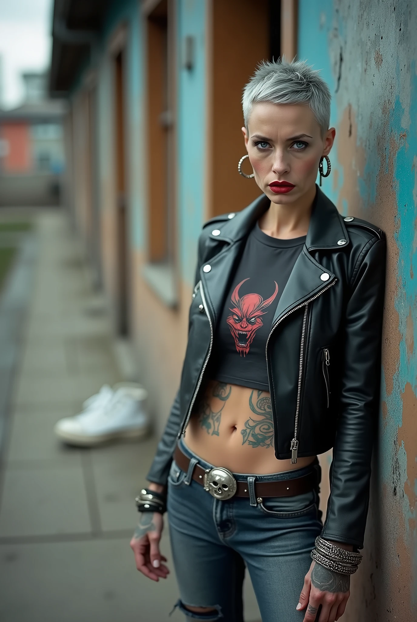 russian old milf woman, biker gang member, short grey hair (combed back with hair gel) with very light blue eyes, extremely pale, heavy eye shadows. Thin. Sad, humbled face, smeared excessive make up and smeared excessive dark red lipstick Wearing cropped black moto jacket, black cropped t-shirt with devil logo, skinny black jeans and white tennis sneakers. Lots of metallic bracelets. pentacle pendants. Tacky wide belt with massive skull and bones buckle . Tattoed. Piercing in belly button. Lots of rings and ethnic bracelets. Wide loop earrings. Looks at the camera in shame. Toned abs, long neck, thin arms and legs