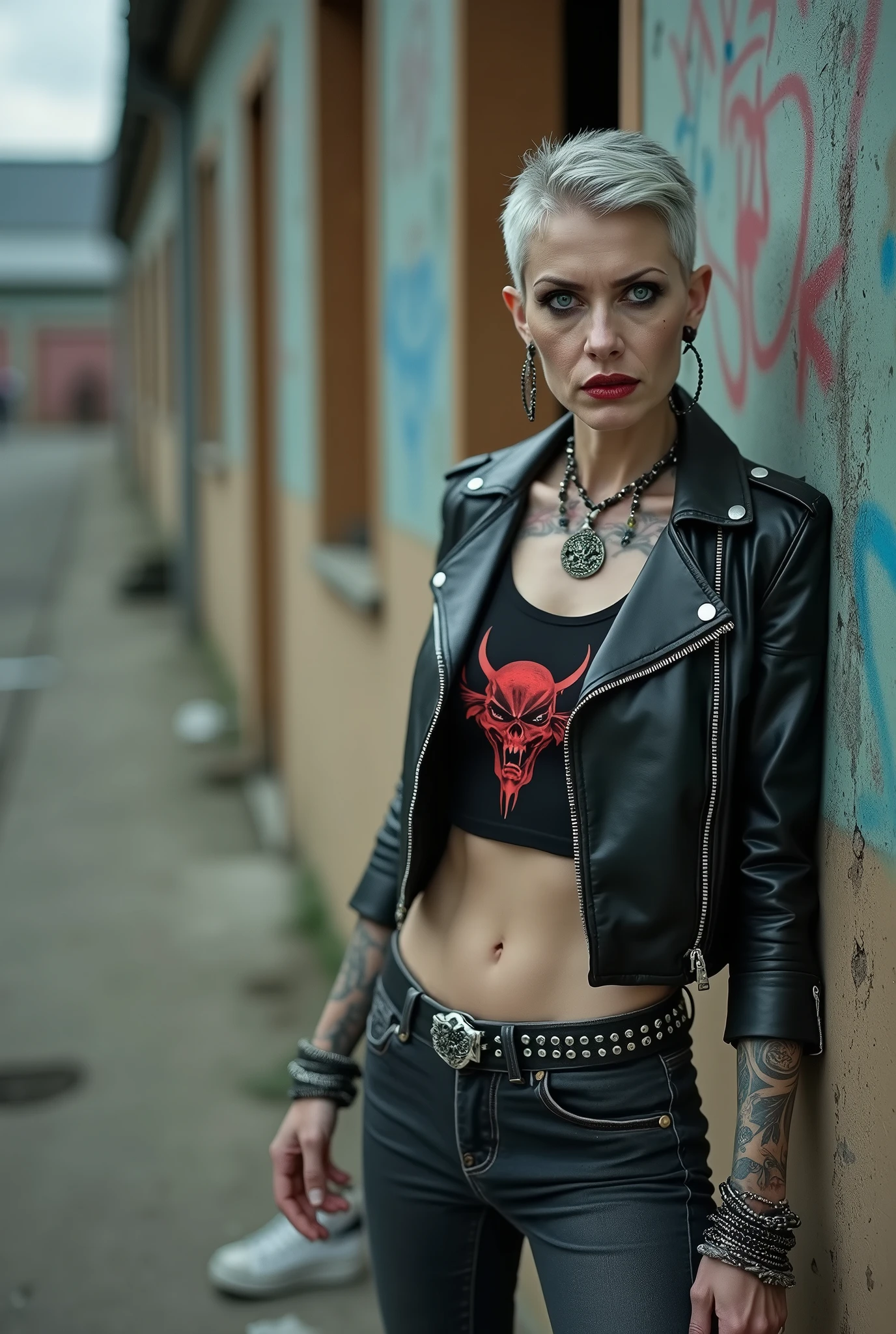 russian old milf woman, biker gang member, short grey hair (combed back with hair gel) with very light blue eyes, extremely pale, heavy eye shadows. Thin. Sad, humbled face, smeared excessive make up and smeared excessive dark red lipstick Wearing cropped black moto jacket, black cropped t-shirt with devil logo, skinny black jeans and white tennis sneakers. Lots of metallic bracelets. pentacle pendants. Tacky wide belt with massive skull and bones buckle . Tattoed. Piercing in belly button. Lots of rings and ethnic bracelets. Wide loop earrings. Looks at the camera in shame. Toned abs, long neck, thin arms and legs