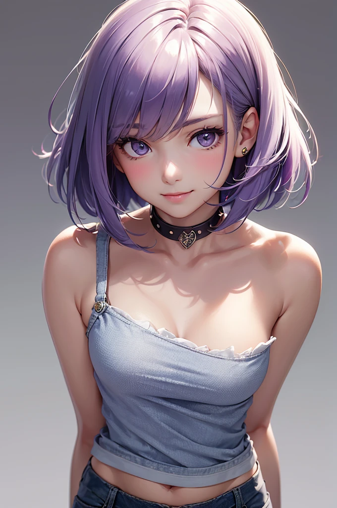 Best Quality,High resolution,8k,(plain white background, no patterns, no textures, just a plain white background:1.3),Masterpiece:1.2),beautiful girl,(focus face),Glossy, deep purple hair,(bob cut:1.2),Beautiful purple eyes,A girl with a spiked choker, sleeveless band T-shirt, ripped denim shorts, and flip-flops, combining a laid-back summer feel with a bold rock edge,Gentle look,A refreshing look,smile,Best quality,Best Quality,Aesthetic and aesthetic:1.2,Best details((Super detailed))(High-definition CG illustrations),Slender body,smile,blush,cute,Scrounge,Looking up,Being spoiled,super model