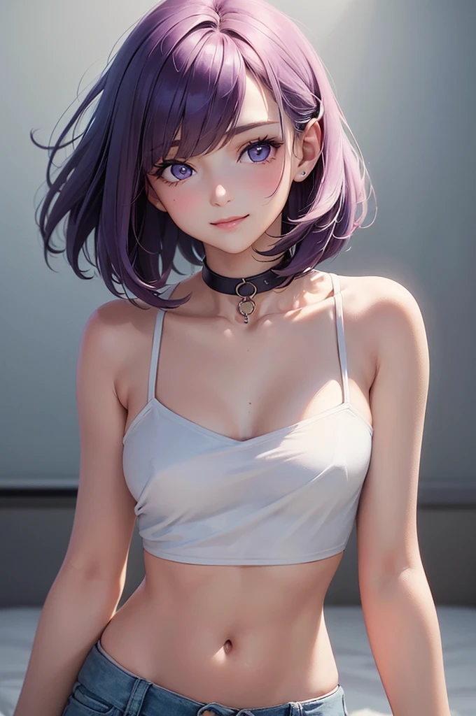 Best Quality,High resolution,8k,(plain white background, no patterns, no textures, just a plain white background:1.3),Masterpiece:1.2),beautiful girl,Big Breasts,(Glossy, deep purple hair:1.3),bob cut,Beautiful purple eyes,Dark gray underwear,Gentle look,A refreshing look,smile,Best quality,Best Quality,Aesthetic and aesthetic:1.2,Best details((Super detailed))(High-definition CG illustrations),Slender body,smile,blush,cute,Scrounge,Looking up,Being spoiled,super model,wariza
