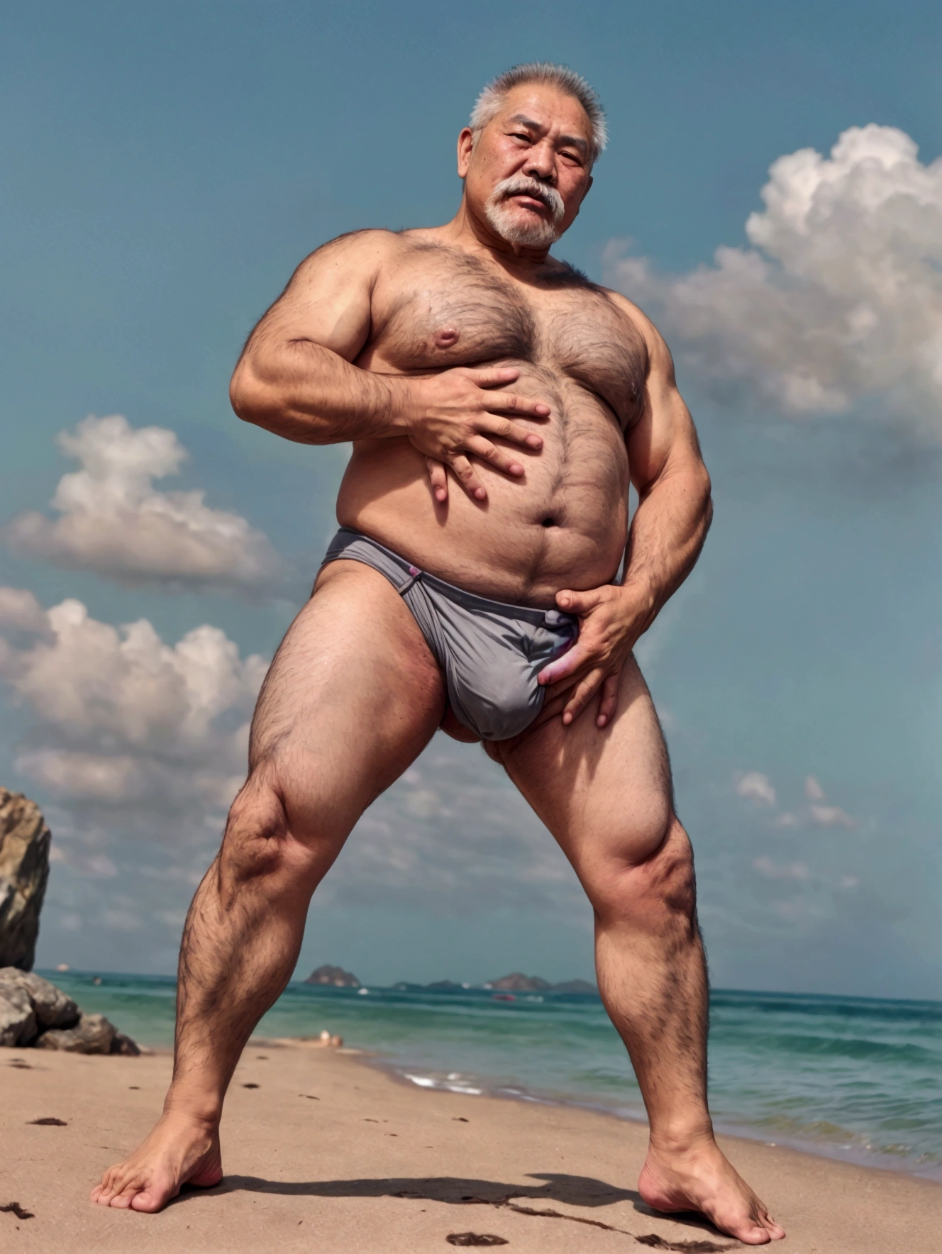 vietnamese grandfather with gray hair, mature face, a thick mustache, a short chin beard, very grey hairy muscular bear body, wearing a massive bulging gray jockstraps standing at the beach, have bearish hairy belly, big muscular chest, a sexy pose, full body side view