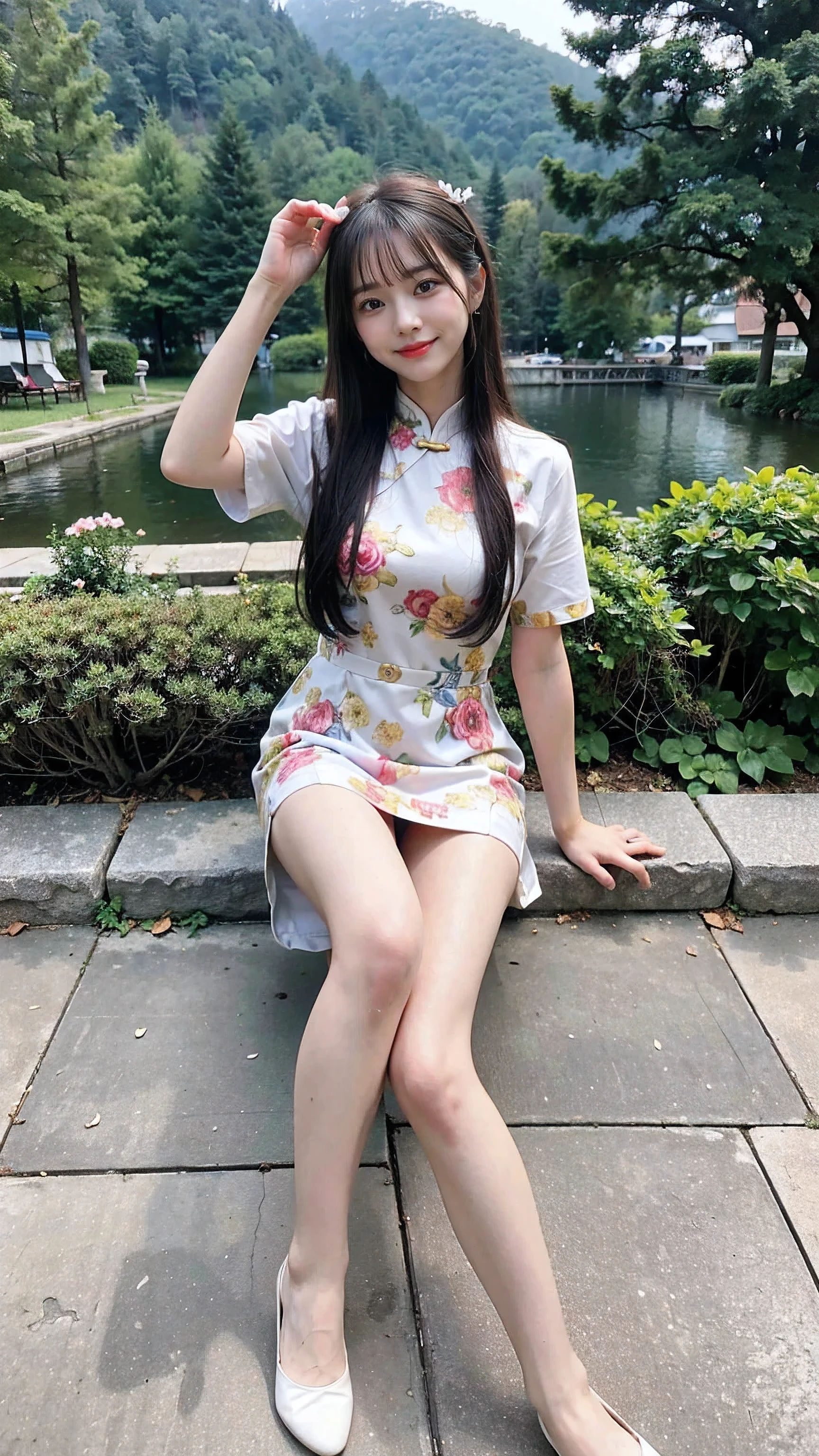 (8k、RAW Photos、Highest quality、masterpiece:1.2)、(Realistic、Realistic)、1 、((China dress:1.2、Thin legs、whole body、View from the front、smile、Looking into the camera、bent down))、cute、Leg fetish erection images