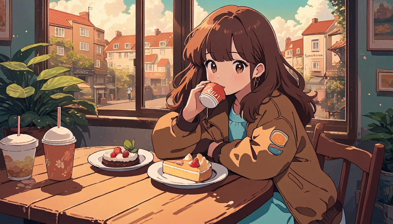 alone, lofi artstyle, lofi art, city, town, 80s anime style, Retro, Lo-Fi, masterpiece, best quality, (extremely detailed CG unity 8k wallpaper), (best quality), (best illustration), (best shadow), absurdres, realistic lighting, (Abyss), beautiful detailed glow, 1girl, solo, long hair, bangs, brown hair, long sleeves, dress, holding, brown eyes, sitting, closed mouth, jacket, food, indoors, cup, window, leaf, chair, table, plant, plate, cake, drinking straw, potted plant, cafe