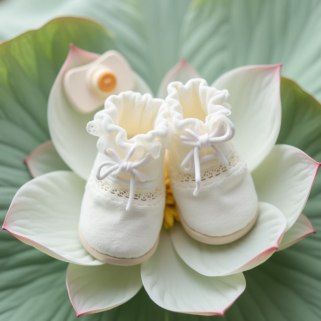 Booties, on the lotus background, next to the pacifier, for newborns white, very lacy , air beautiful lace, transparent ruffles,Shuttlecocks,, Permission, photo realistic, 8k, depth of field,