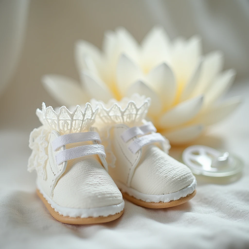 Booties, on the lotus background, next to the pacifier, for newborns white, very lacy , air beautiful lace, transparent ruffles,Shuttlecocks,, Permission, photo realistic, 8k, depth of field,