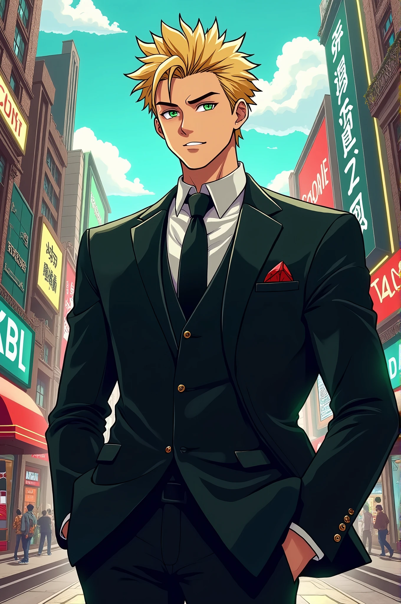 Handsome, adventerous, smart, intelligent, confident, 27 year old man, animae, green eyes, wise, fresh short blonde haircut, alpha male, strong character, dominant, godly, black suit, art,