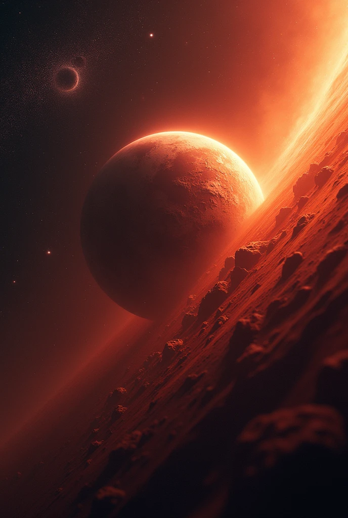 In background ground of space mars coming towards the earth fast