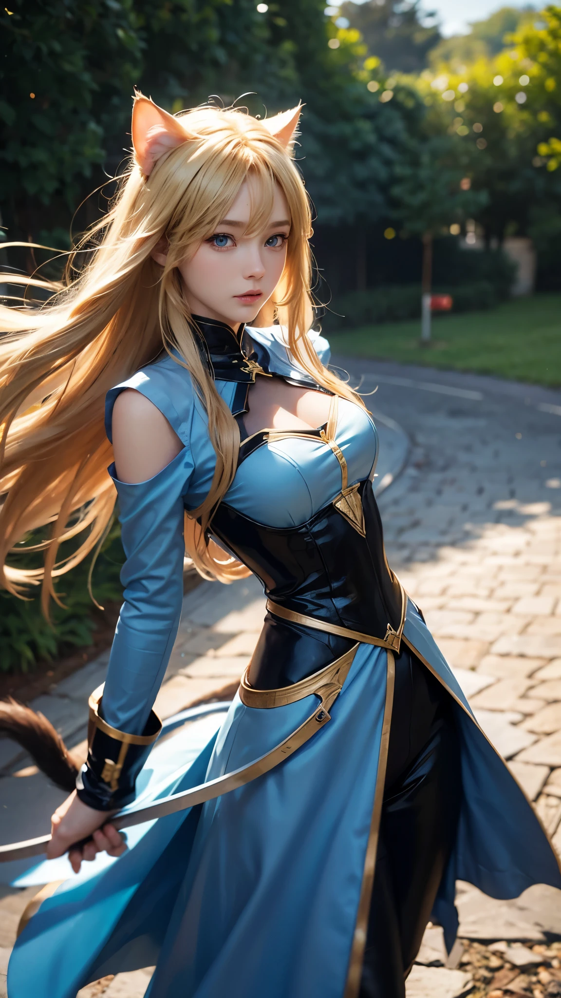 One person, High resolution, Long Hair, sight, Shortcuts, blonde, blue eyes, Cat ear, Portraits, far and near method, Motion Blur, figure, Fantasy Background,