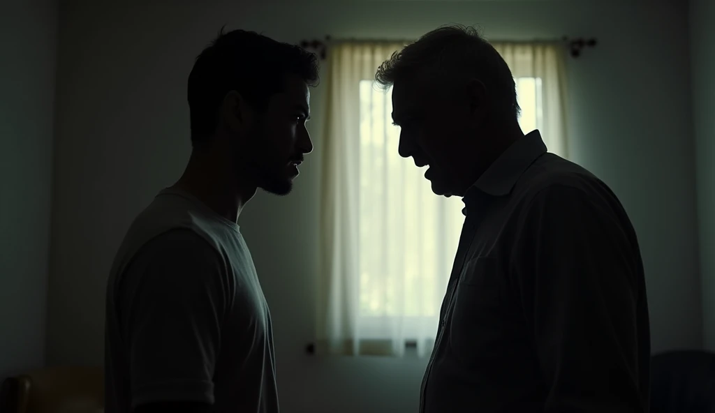 The son, calm and composed, speaks to his father, trying to reassure him. The father, visibly angry and frustrated, reacts harshly, showing a stark contrast in their emotions.