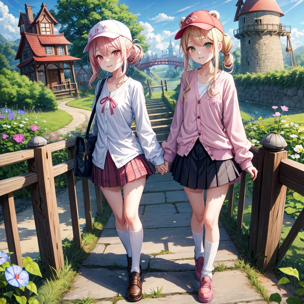 Pink Blonde、Red eyes、Hair tied up、Two cute、Checked mini skirt、black t-shirts、cardigan、Knee-high socks、bear ears baseball cap、Teeth are visible、Monster Castle、Tilting face、crossing the bridge、hazakura、windmill、grass、Stones are growing out of the ground.、impregnable、A teddy bear is walking、Morning glory is blooming.