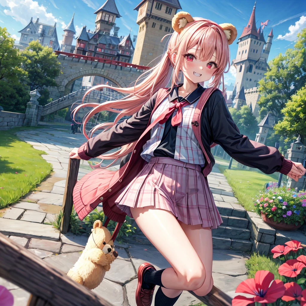 Pink Blonde、Red eyes、Hair tied up、Two cute、Checked mini skirt、black t-shirts、cardigan、Knee-high socks、bear ears baseball cap、Teeth are visible、Monster Castle、Tilting face、crossing the bridge、hazakura、windmill、grass、Stones are growing out of the ground.、impregnable、A teddy bear is walking、Morning glory is blooming.