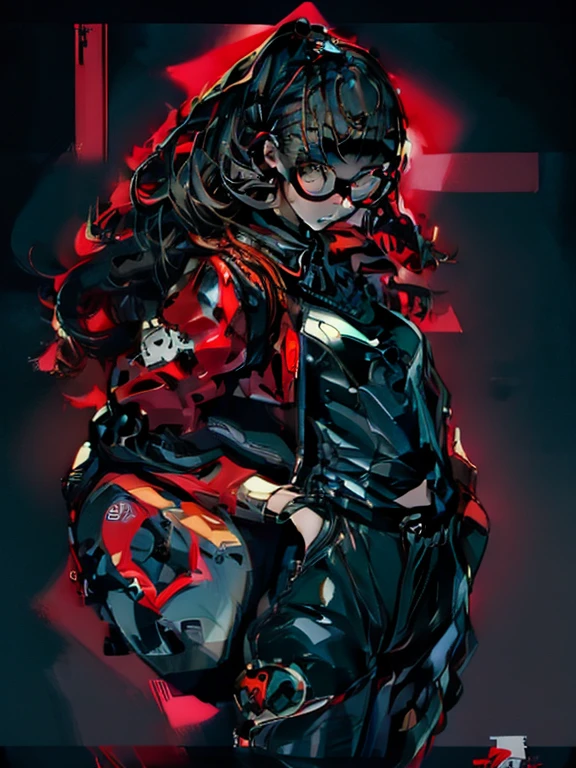 in the art style of persona5, (masterpiece:1.2, highest quality), (Realistic, photoRealistic:1.4), Beautiful illustrations, (Natural Side Lighting, Cinema Lighting), Written boundary depth, Beautiful thighs staring at the viewer, 1 female, 30-year-old, alone, thin, slender, (small breasts), long Hair, straight Hair, Forehead, Forehead, Forehead, Forehead, thin, slender, glasses, (Skinny black pants, collared white shirt), Are standing, (((glasses))), Red Akirabike, riding motorcycles