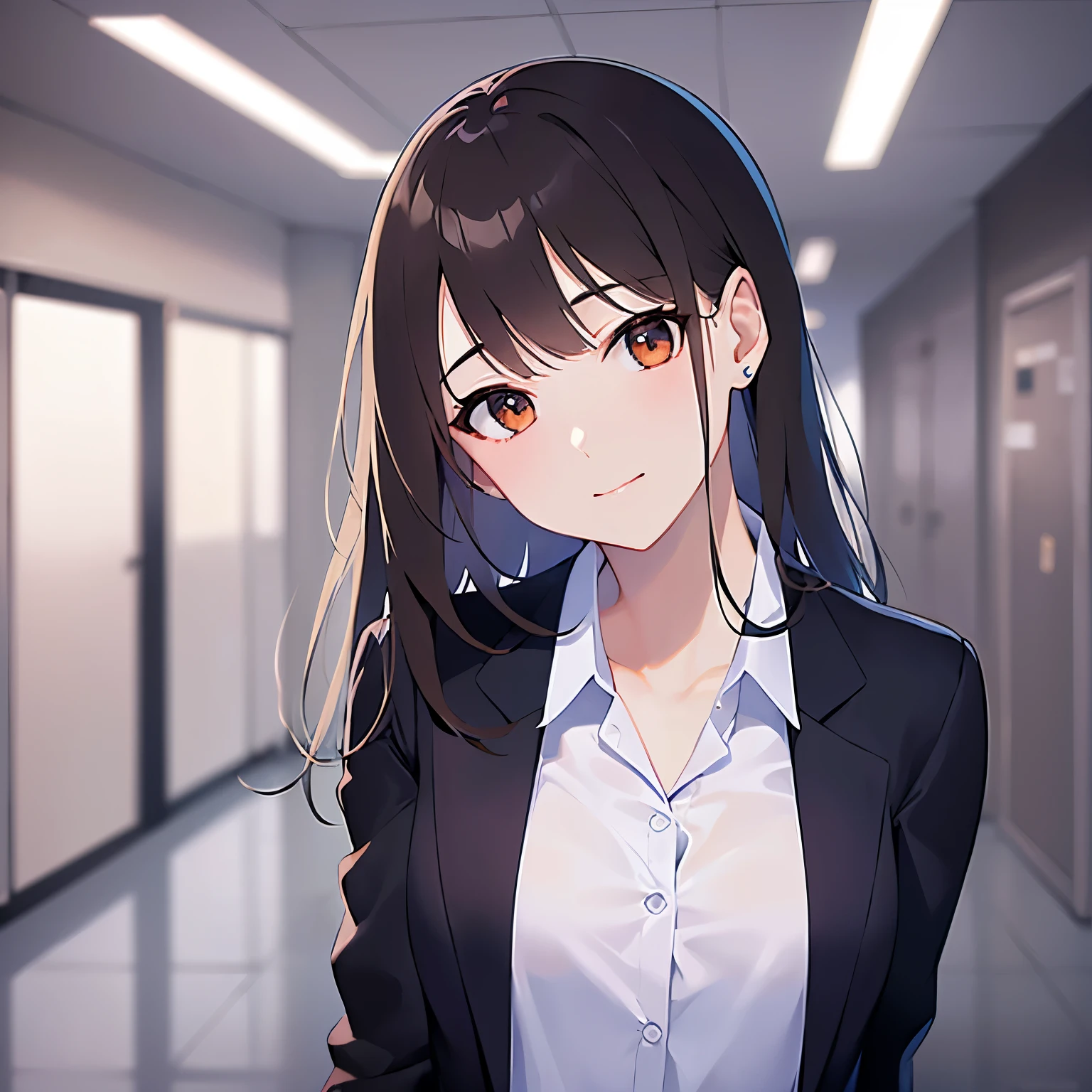 (looking at viewer:1.5)Upper Body, head tilt,
Realistic, real person, (pale skin: 1.2), RAW photo, photorealistic, shiny skin, shiny hair、(A 25-year-old woman with medium-length hair and bangs) and (wavy hair) and (brown hair) and (orange eyes) ,
(Wearing a business suit:1.5) and (Wearing a white collared shirt)、
smile, The background is an office hallway、Alone、Are standing、