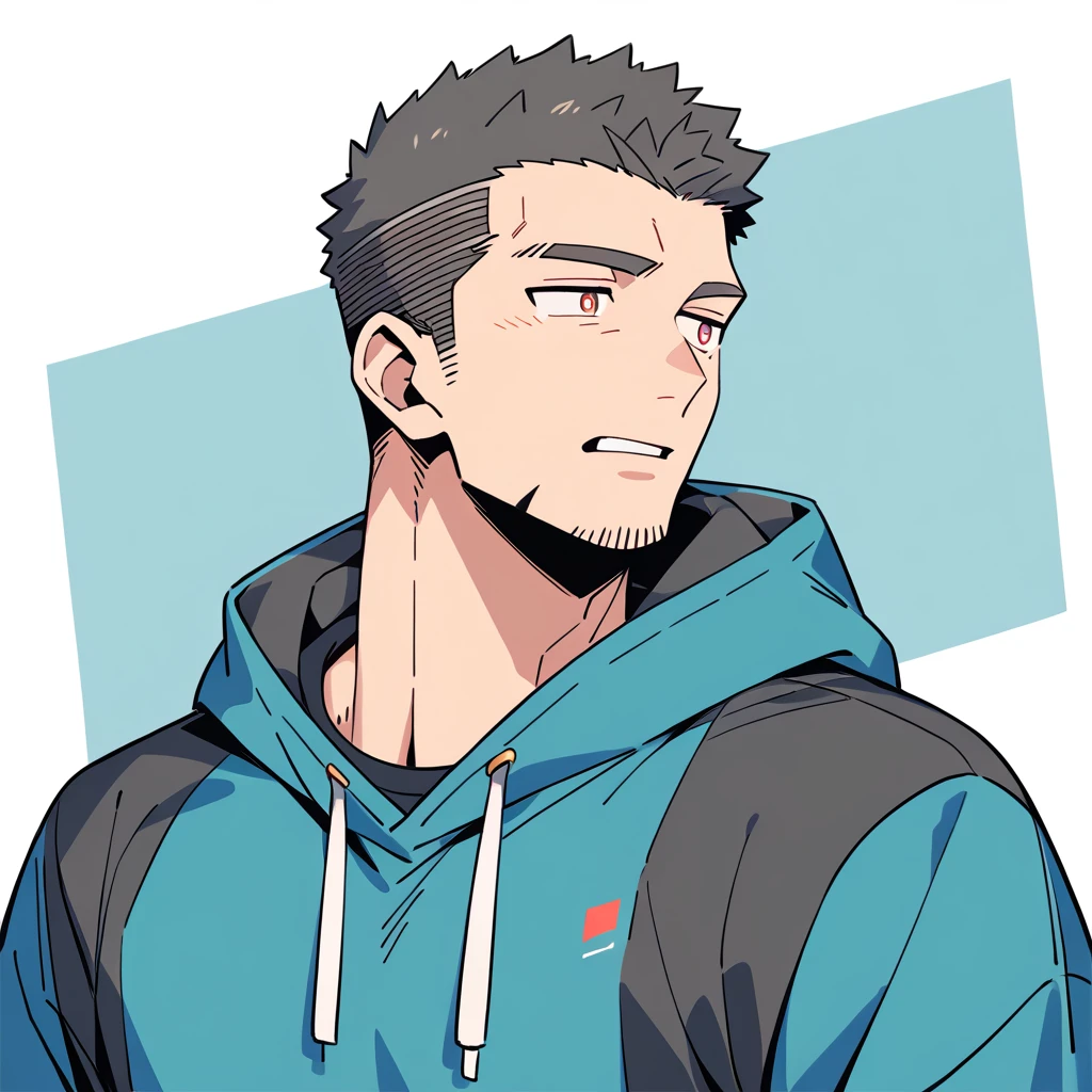 anime characters:Priapus, Muscle Sports Student, Manliness, male focus, Sports tight hooded sweatshirt, Very tight, full and perky chest muscles, muscular male, muscular, only, Upper body, alone, Black short hair, Thick eyebrows, stubble, Brown-red pupils, White background, simple background, amazing quality, best aesthetics, Ridiculous, crew cut, parted lips, flustered, endured face, negative space, best quality