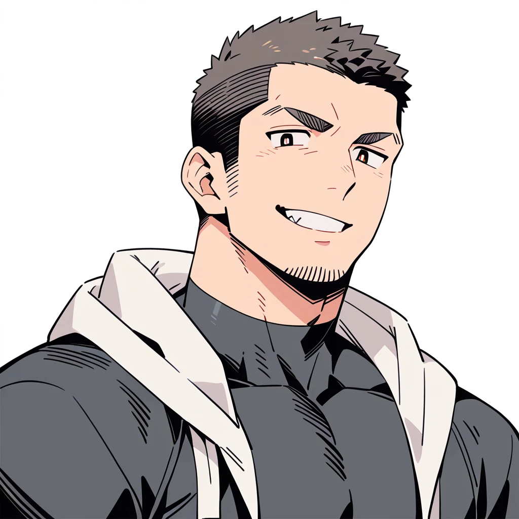 anime characters:Priapus, Muscle Sports Student, Buzz Cut, Manliness, male focus, Sports tight hooded sweatshirt, Wear a high-necked tights underneath, Very tight, full and perky chest muscles, muscular male, muscular, only, Upper body, alone, Red short hair, Thick eyebrows, stubble, Brown-red pupils, White background, simple background, amazing quality, best aesthetics, Ridiculous, crew cut, smirk, bright pupils, grin, negative space, negative space, best quality
