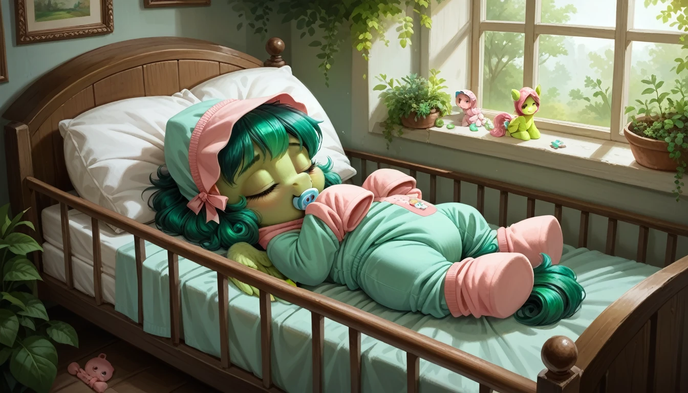 pony, Pegasus, adult filly, emerald green fur, a lush mane, gathered in a bonnet, bushy tail, closed eyes, sleeps in a crib, dressed in a onesie and booties, pacifier in mouth, solo, thick diaper under clothes.