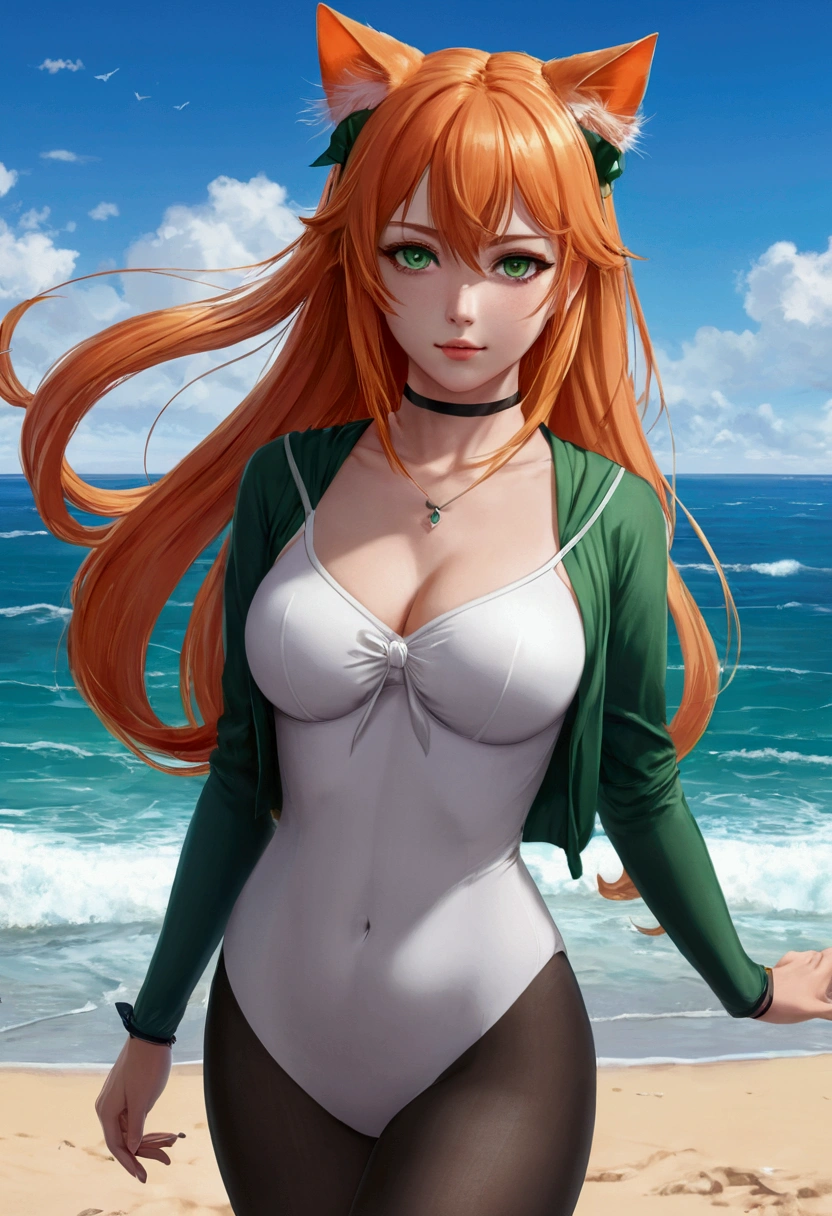anime girl with long orange hair standing on beach near ocean, green eyes detailed digital anime art, cat ears, , anime girl with long hair, smooth anime cg art, anime girl with long hair, average breast size, digital anime art, artwork in the style of guweiz, beautiful anime portrait, photorealistic anime girl render, beautiful anime girl, advanced digital anime art, pantyhose, guweiz on artstation pixiv upscale HD UHD HQ