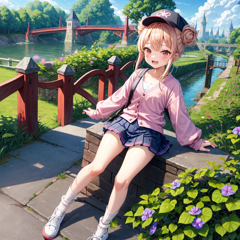 Pink Blonde、Red eyes、Hair tied up、Two cute、Checked mini skirt、black t-shirts、cardigan、Knee-high socks、bear ears baseball cap、Teeth are visible、Monster Castle、Tilting face、crossing the bridge、hazakura、windmill、grass、Stones are growing out of the ground.、impregnable、A teddy bear is walking、Morning glory is blooming.