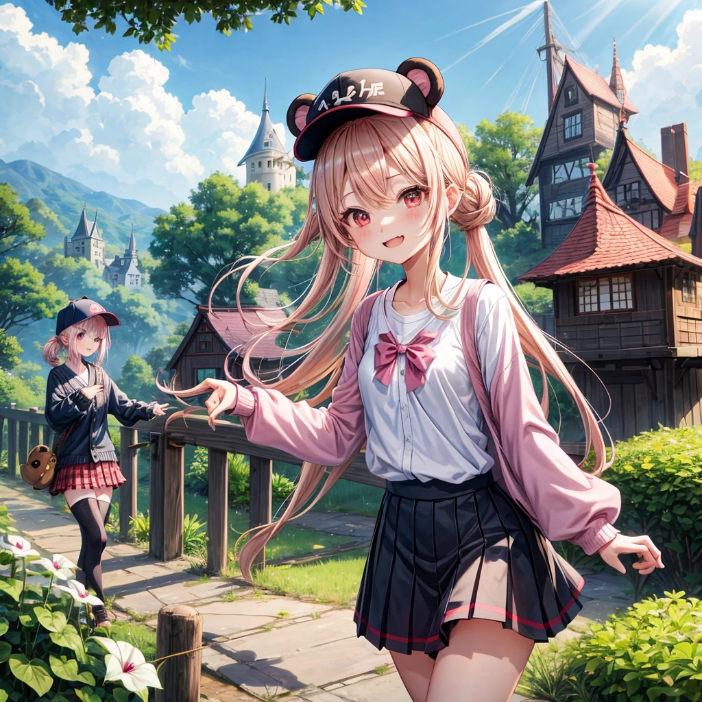 Pink Blonde、Red eyes、Hair tied up、Two cute、Checked mini skirt、black t-shirts、cardigan、Knee-high socks、bear ears baseball cap、Teeth are visible、Monster Castle、Tilting face、crossing the bridge、hazakura、windmill、grass、Stones are growing out of the ground.、impregnable、A teddy bear is walking、Morning glory is blooming.