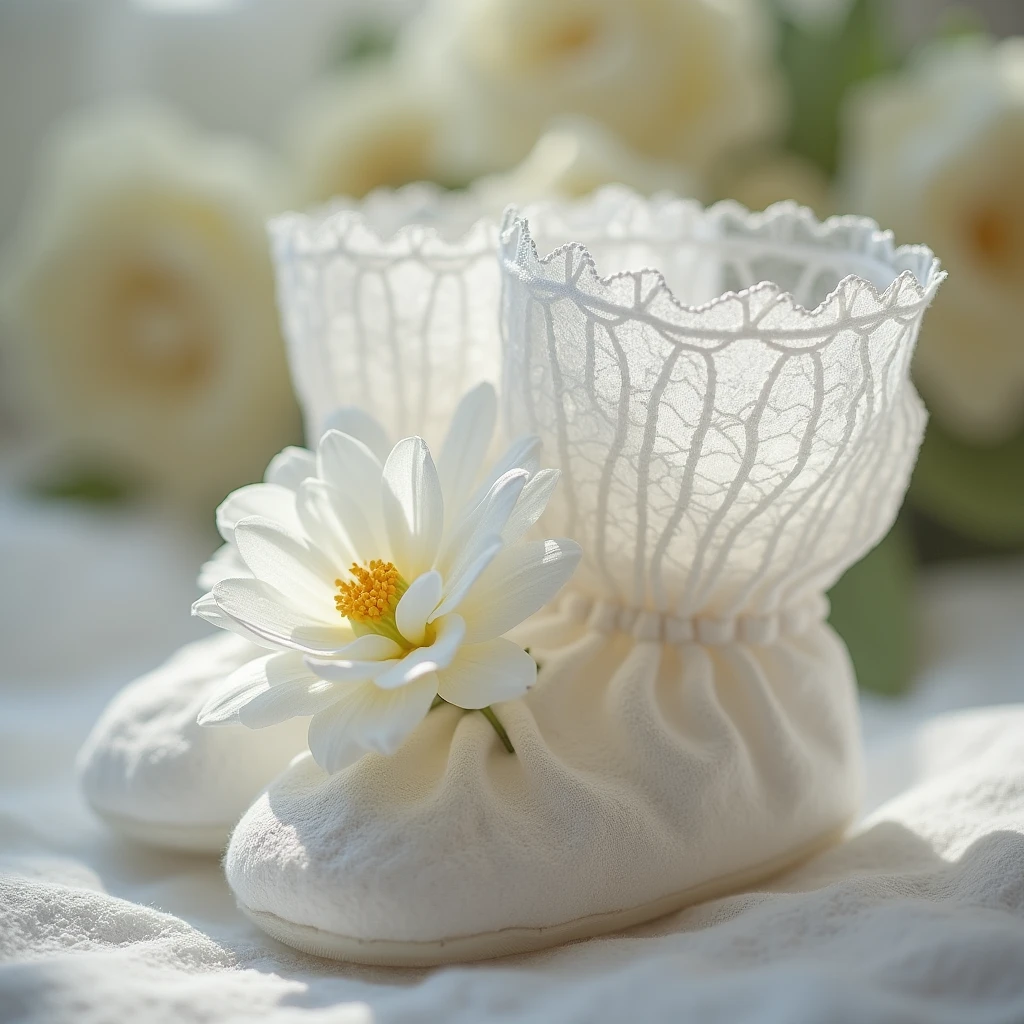 Booties, on the iris flower , for newborns white, many transparent lace , air beautiful lace, transparent ruffles,Permission, photo realistic, 8k, depth of field
